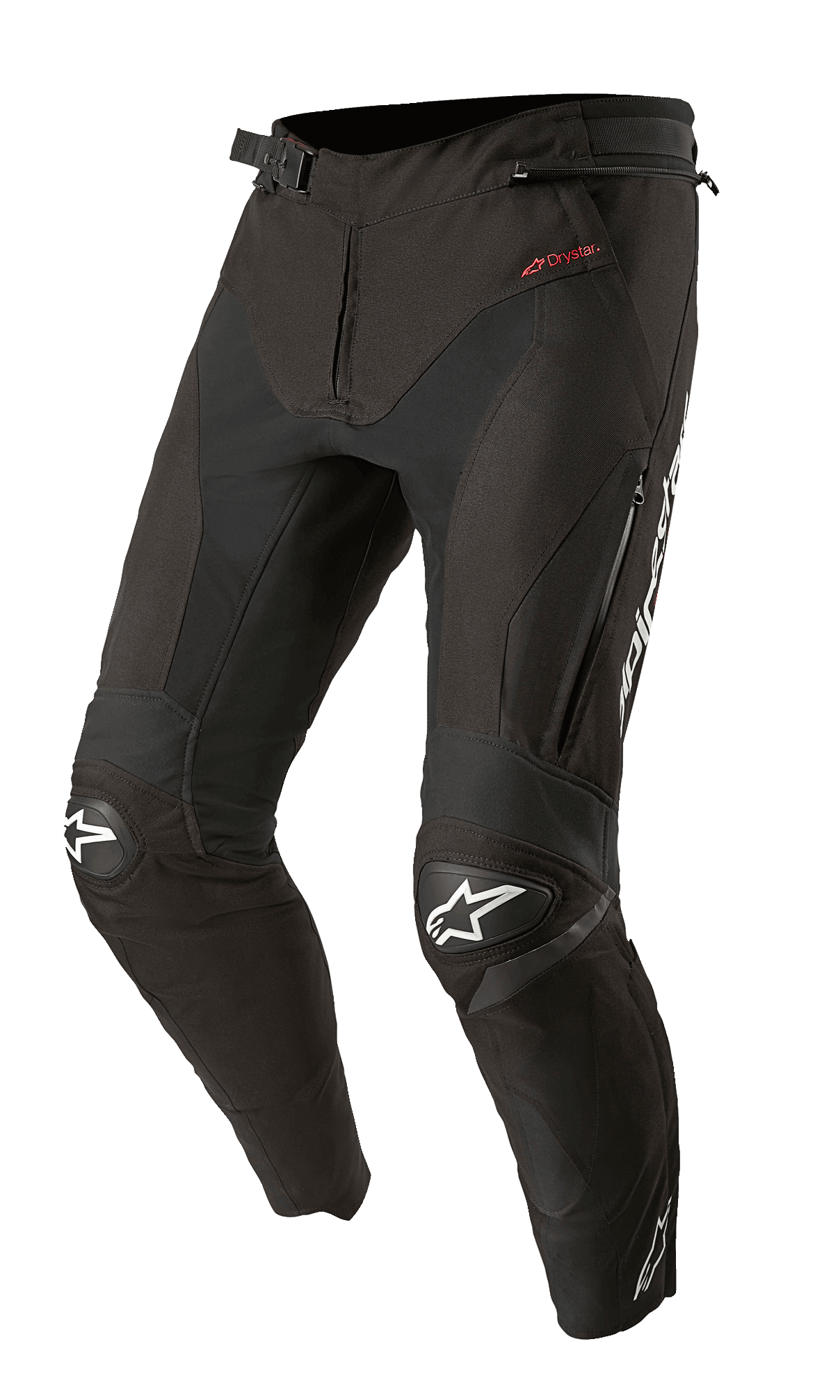 Pantalon Alpinestars T-SP R Drystar, pantalon de moto sport-touring en textile noir, doté de genouillères renforcées avec logos étoiles blancs, marquage Drystar rouge sur la hanche, ventilations zippées sur les cuisses et taille à boucle ajustable, conçu avec une coupe articulée inspirée de la course