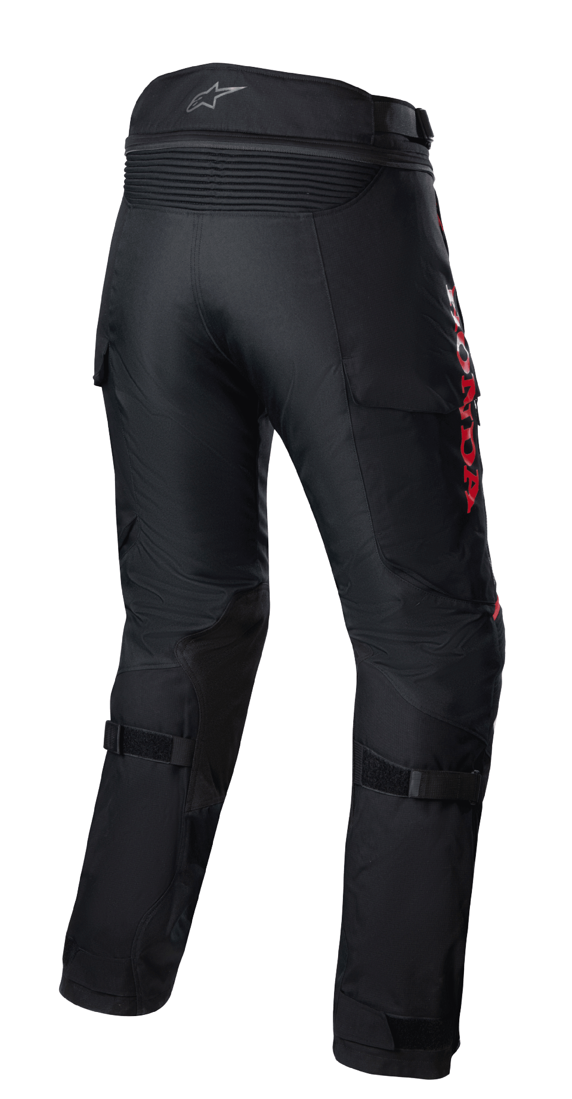 Pantalon Alpinestars Honda Bogota' Pro Drystar®, pantalon de touring aventure moto, noir avec marquage HONDA rouge, vue arrière présentant des panneaux d'aisance en accordéon à la taille, des sangles de réglage aux mollets et une construction textile durable pour la conduite aventure multi-saisons.