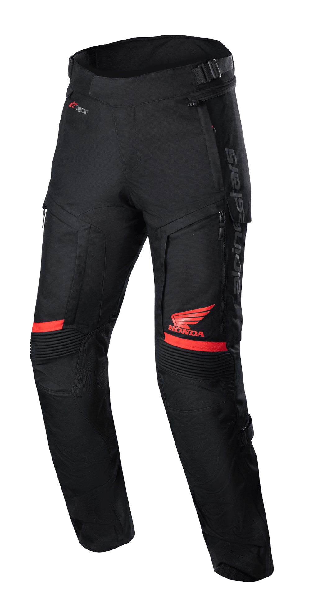 Pantalon Honda Bogota' Pro Drystar®, pantalon de moto touring, noir et rouge, avec logo Honda Wing rouge sur la cuisse, panneaux d'aisance en accordéon aux genoux, construction en textile technique, sangles de réglage à la taille et logo Alpinestars