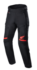 Pantalon Honda Bogota' Pro Drystar®, pantalon de moto touring, noir et rouge, avec logo Honda Wing rouge sur la cuisse, panneaux d'aisance en accordéon aux genoux, construction en textile technique, sangles de réglage à la taille et logo Alpinestars