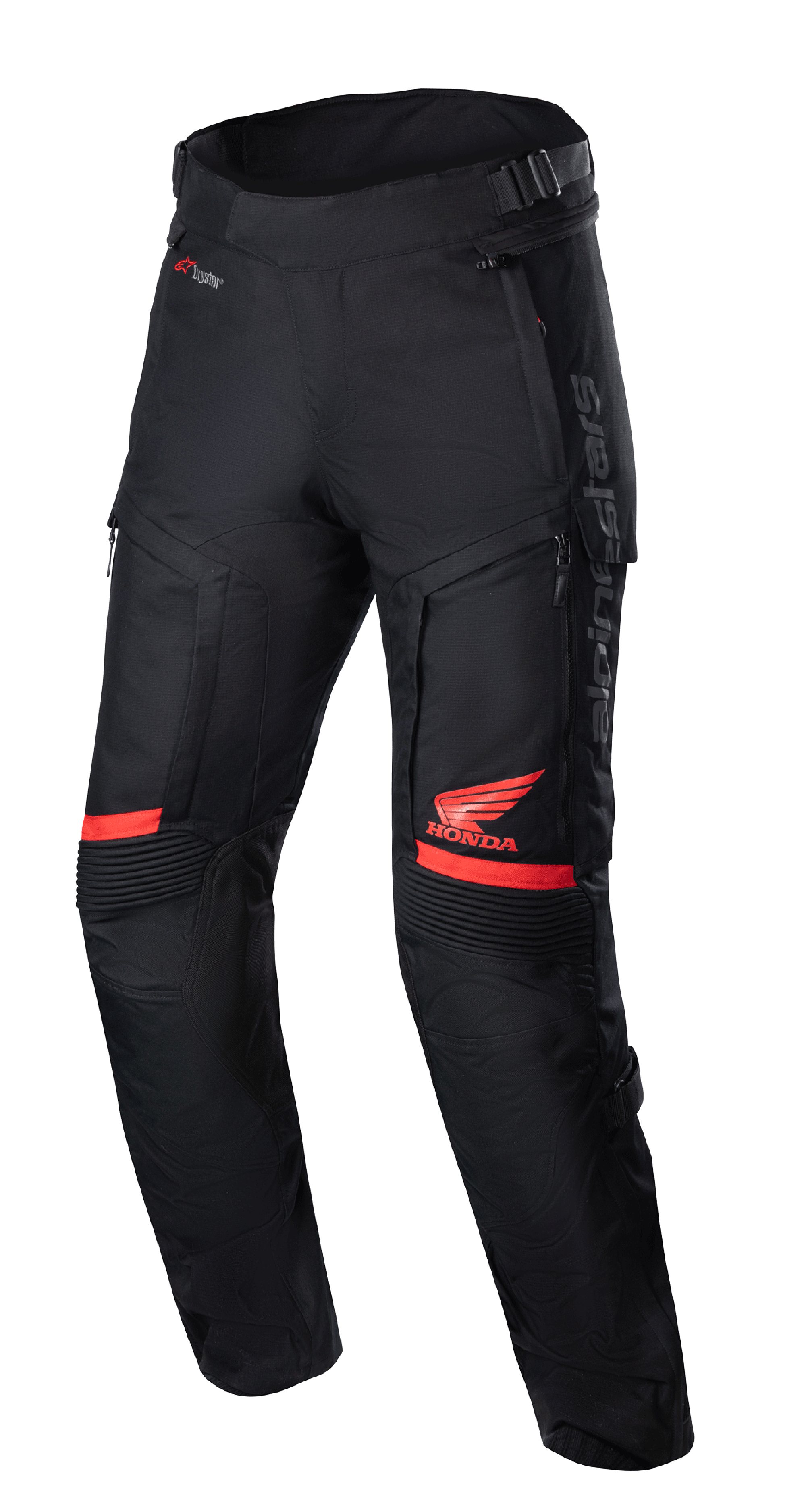 Honda Bogota' Pro Drystar® broek, motortouringbroek, zwart en rood, met rood Honda Wing-logo op het bovenbeen, accordeon stretchpanelen bij de knieën, technische textielconstructie, verstelbare taillebanden en Alpinestars-branding