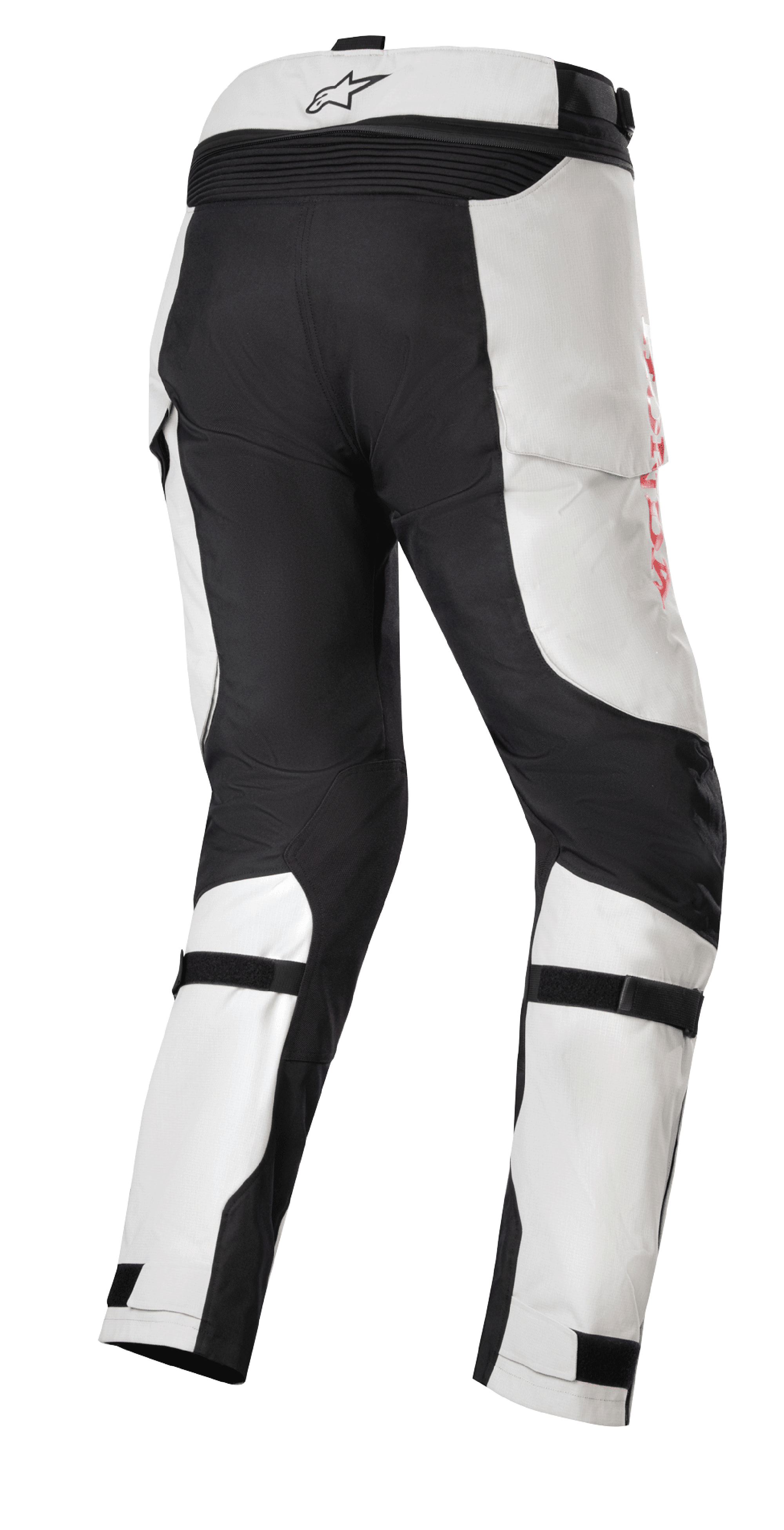 Honda Bogota' Pro Drystar® Broek, Adventure Touring motorbroek, Ice Gray en zwart, achteraanzicht met verstevigde zwarte panelen op het zitvlak en de binnenkant van de benen, rode branding aan de zijkant en verstelbare kuitbanden voor een goede pasvorm.
