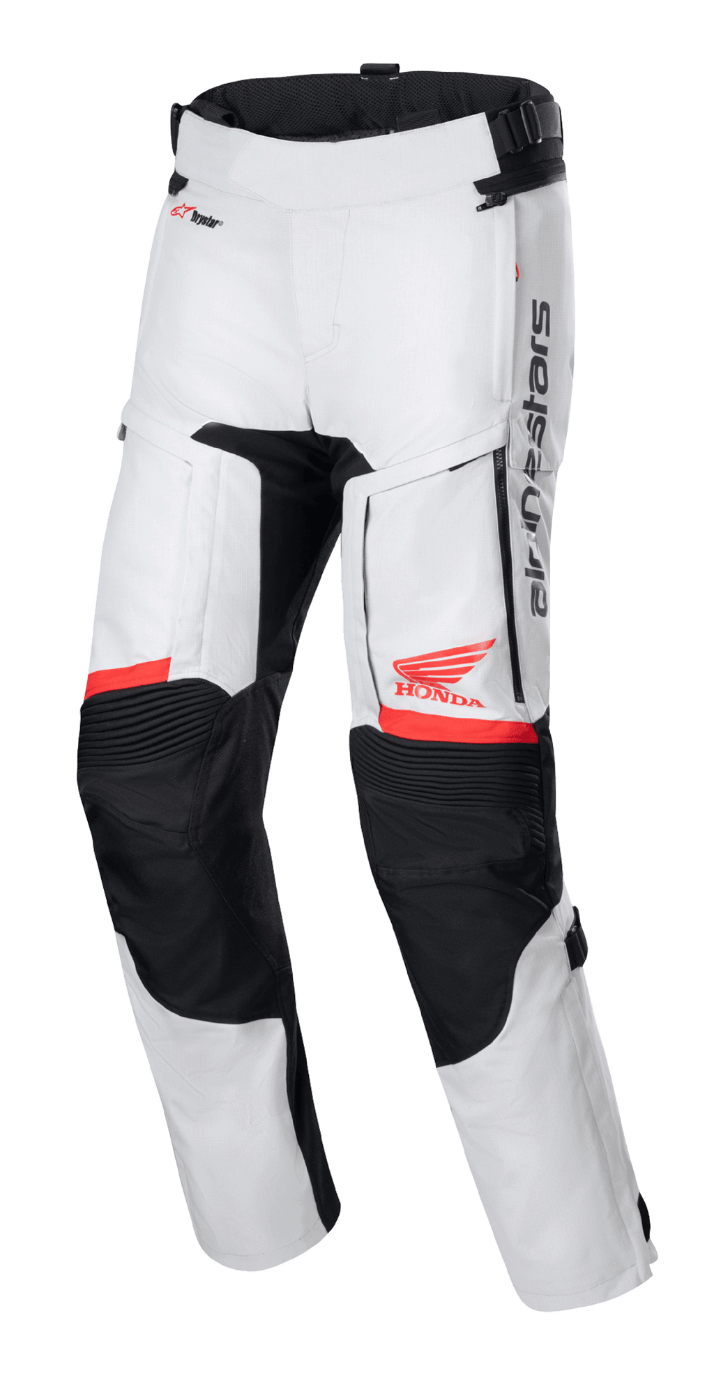 Honda Bogota' Pro Drystar® motorbroek, touring motorbroek, Ice Gray en zwart met rode accenten, vooraanzicht met ventilatiepanelen op de dijen en accordeon-knieën, rode Honda wing en Alpinestars logo's, technische waterdichte adventure-kleding