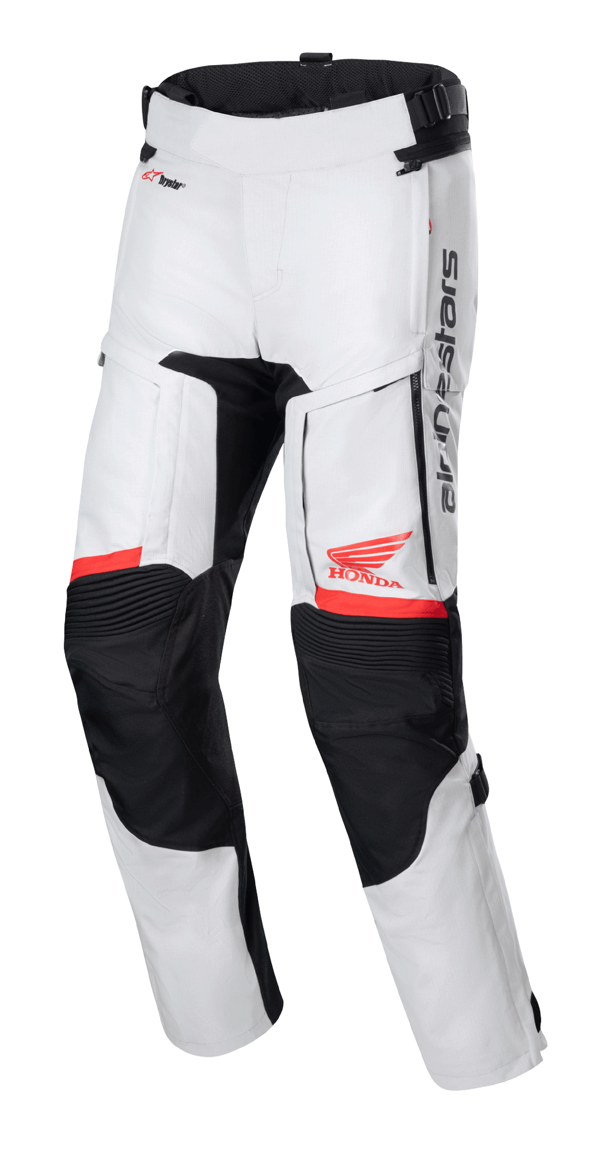 Honda Bogota' Pro Drystar® motorbroek, touring motorbroek, Ice Gray en zwart met rode accenten, vooraanzicht met ventilatiepanelen op de dijen en accordeon-knieën, rode Honda wing en Alpinestars logo's, technische waterdichte adventure-kleding