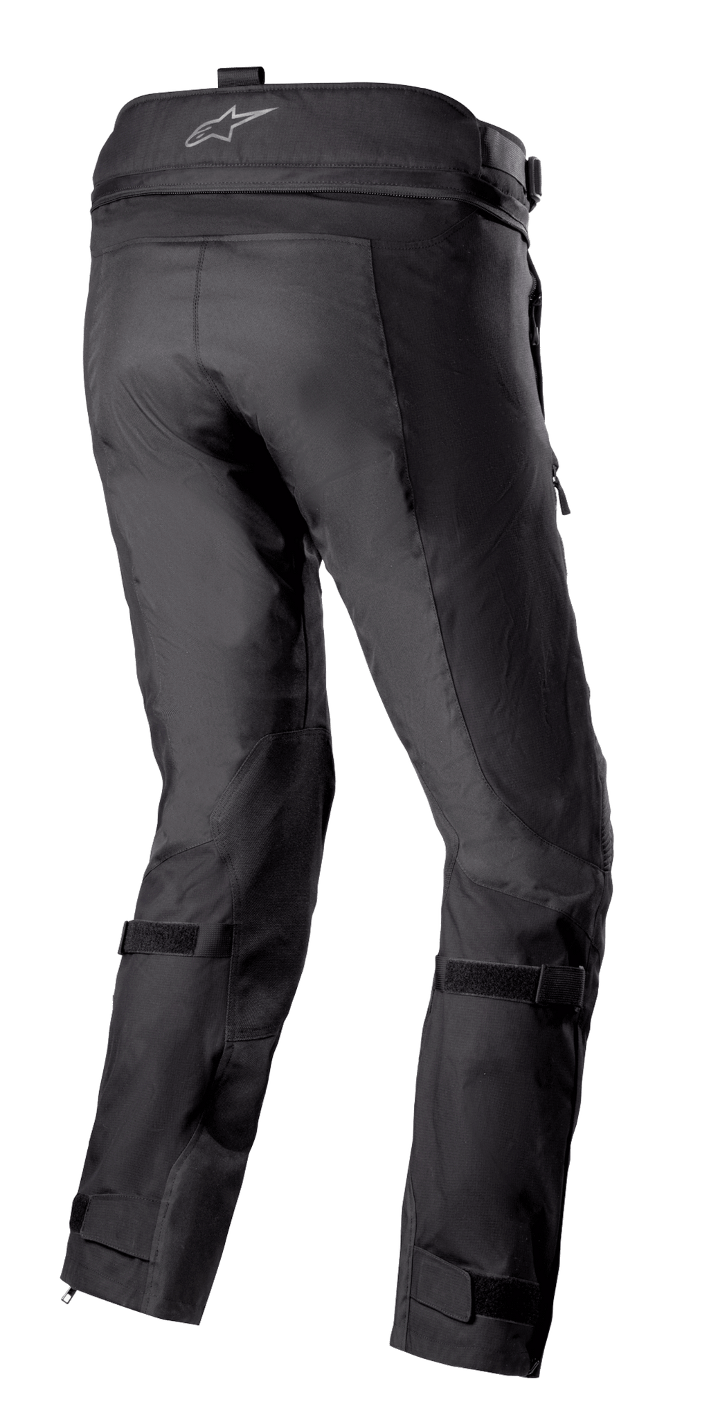 Pantalon Alpinestars Bogotá Pro Drystar® 3 Seasons, pantalon de moto aventure touring noir vu de l'arrière, présentant un logo sur la ceinture, des sangles de jambe réglables et une construction en textile technique avec des panneaux renforcés.