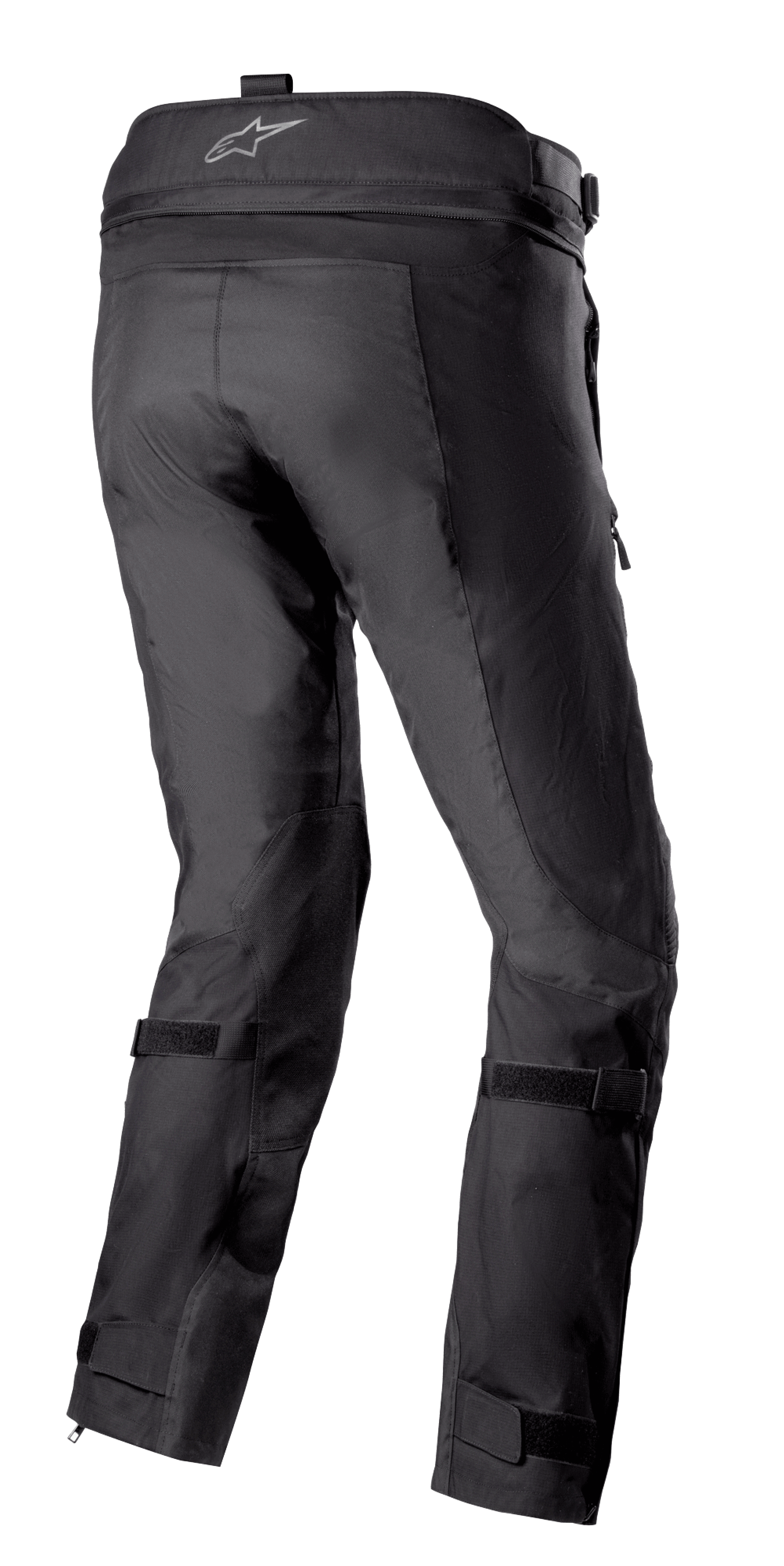 Pantalon Alpinestars Bogotá Pro Drystar® 3 Seasons, pantalon de moto aventure touring noir vu de l'arrière, présentant un logo sur la ceinture, des sangles de jambe réglables et une construction en textile technique avec des panneaux renforcés.