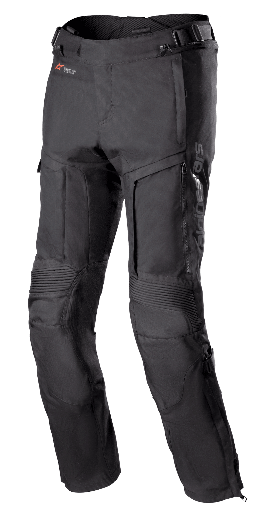 Pantalon Alpinestars Bogota Pro Drystar 3 Seasons, pantalon de moto touring noir, avec ventilations zippées sur les cuisses, panneaux extensibles en accordéon aux genoux, sangles de réglage à la taille et tissu textile résistant avec logo Drystar.