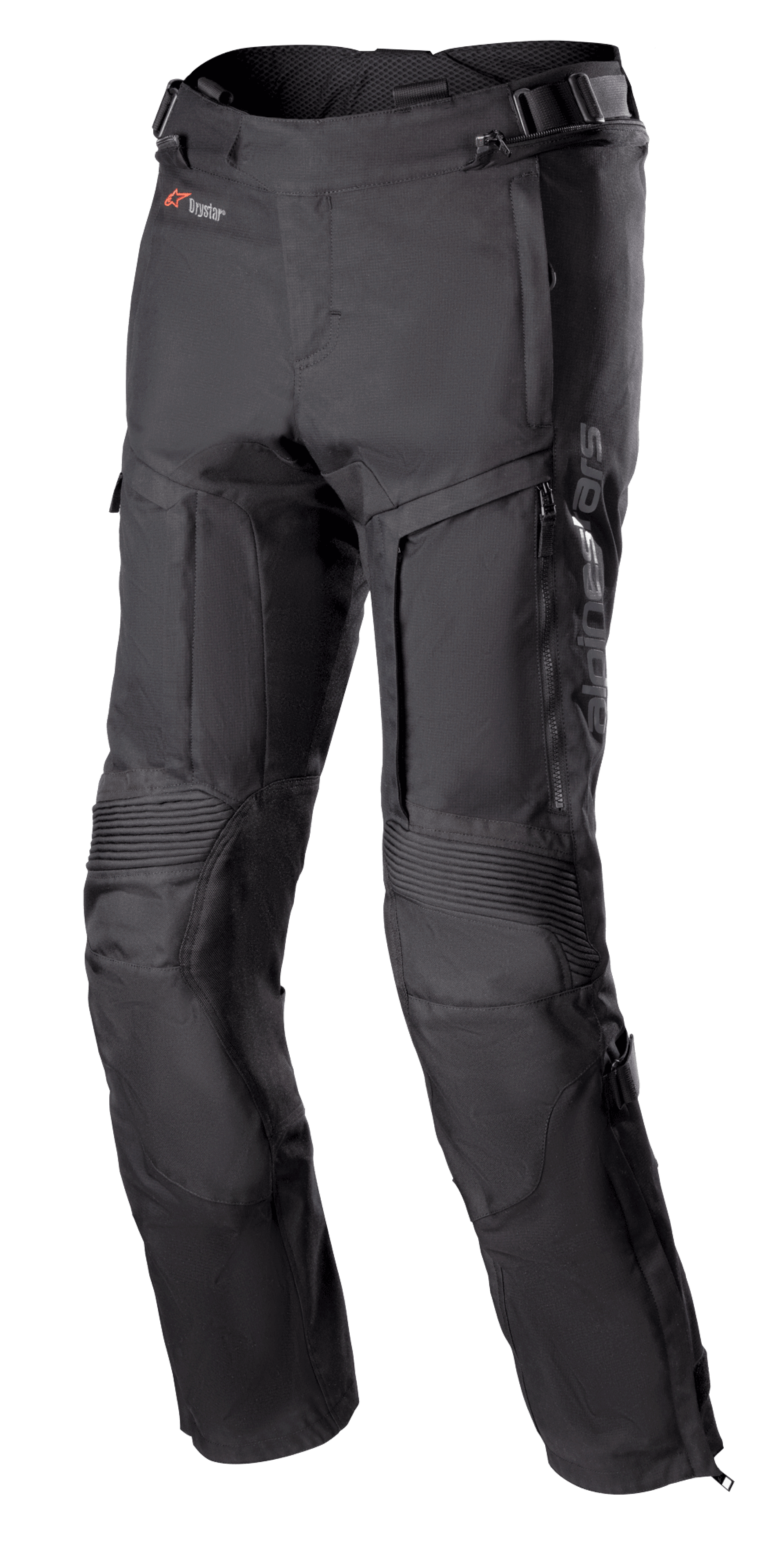 Pantalon Alpinestars Bogota Pro Drystar 3 Seasons, pantalon de moto touring noir, avec ventilations zippées sur les cuisses, panneaux extensibles en accordéon aux genoux, sangles de réglage à la taille et tissu textile résistant avec logo Drystar.