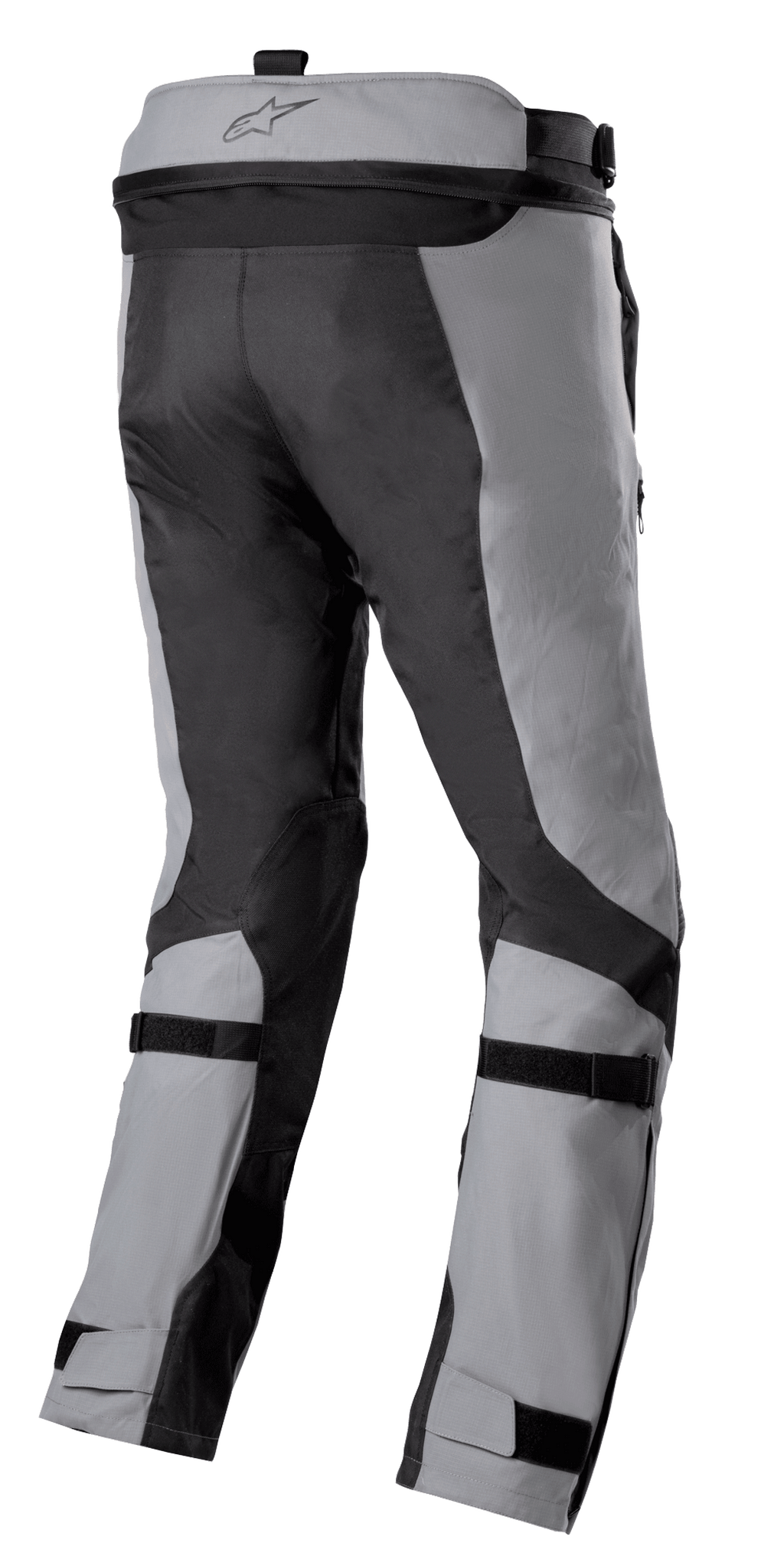 Alpinestars Bogotá Pro Drystar® 3 Seasons Pants, Adventure Touring Motorcycle Pants, Dark Gray and Light Gray, rear view featuring adjustable calf and ankle straps, waist connection zipper, and durable ripstop textile panels.
