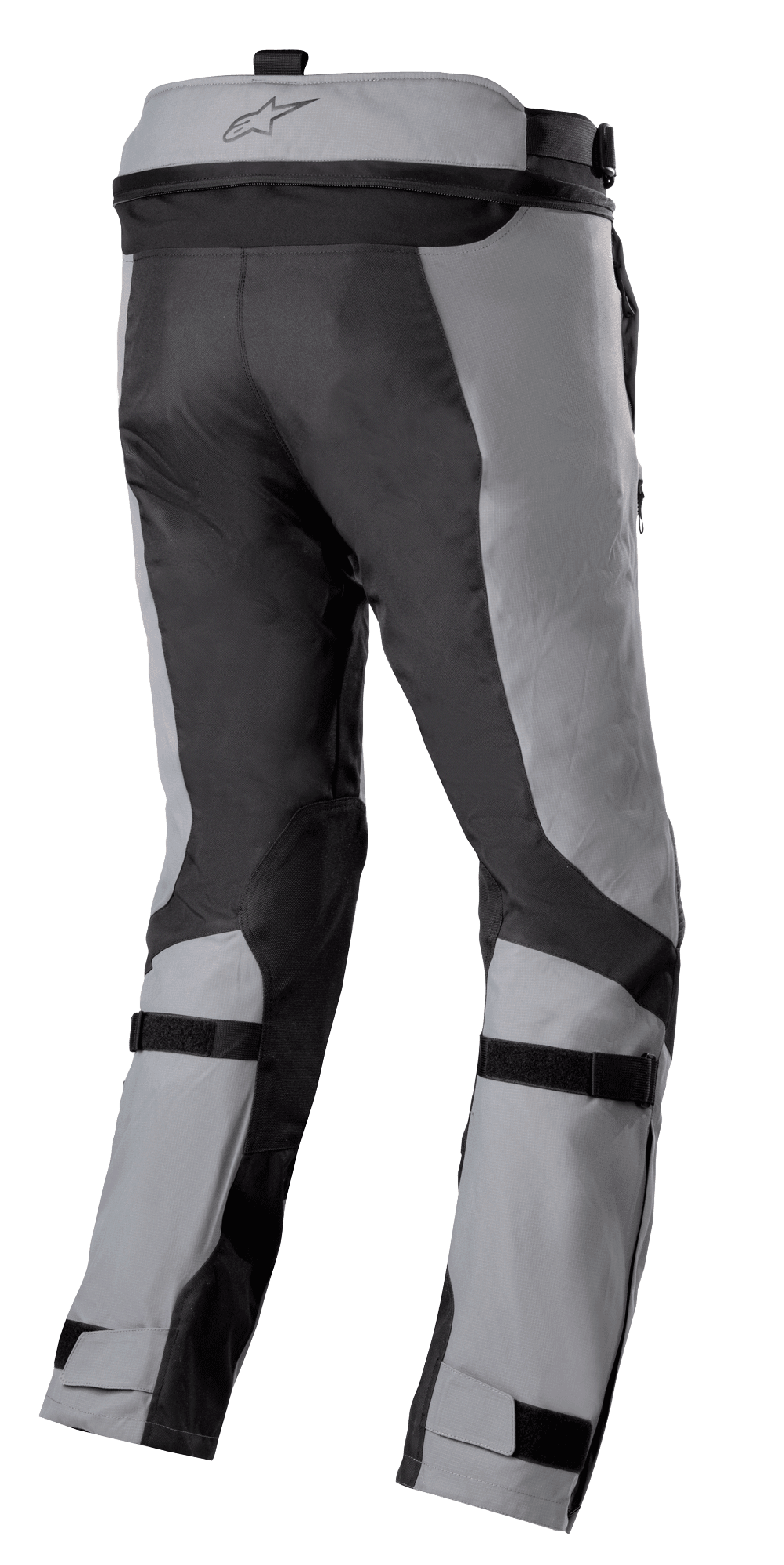Alpinestars Bogotá Pro Drystar® 3 Seasons Pants, Adventure Touring Motorcycle Pants, Dark Gray and Light Gray, rear view featuring adjustable calf and ankle straps, waist connection zipper, and durable ripstop textile panels.