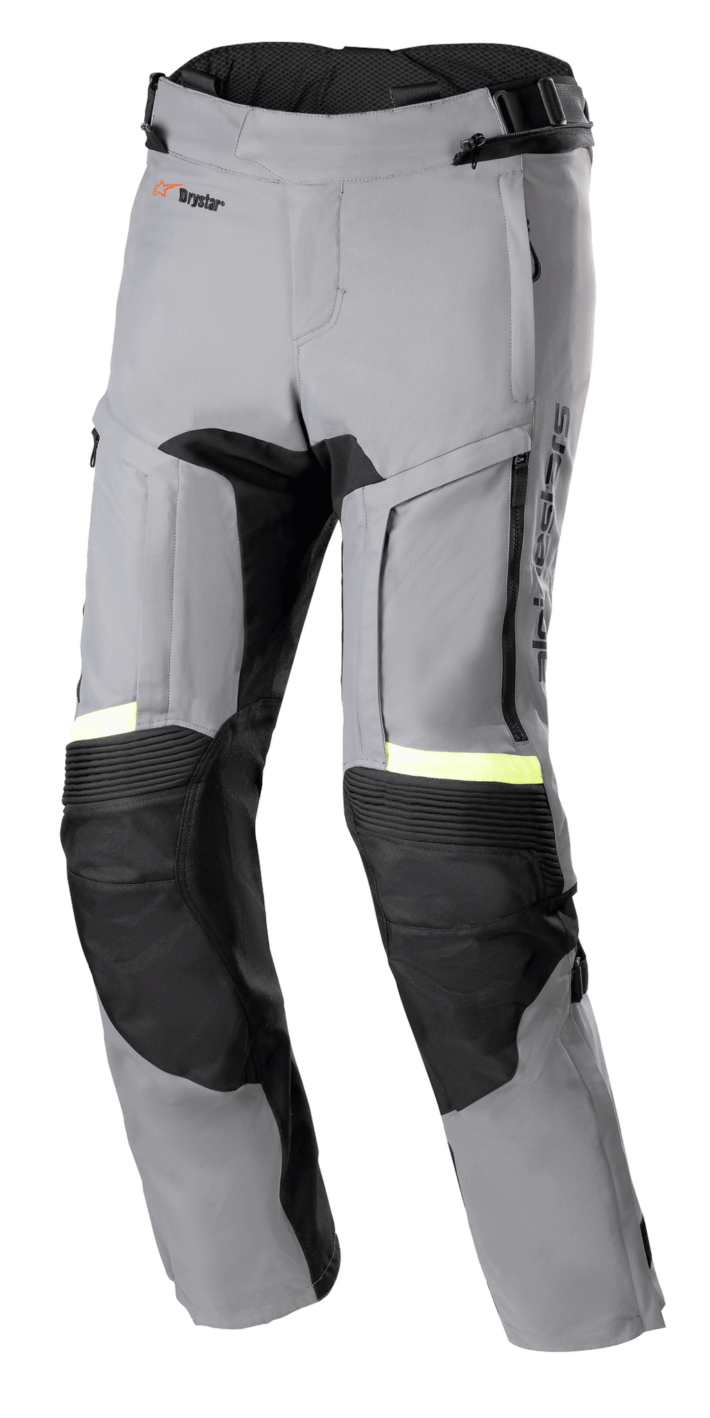 Alpinestars Bogota' Pro Drystar® 3 Seasons Pants, Dark Gray and Black Motorcycle Adventure Touring Pants, Neon Yellow Fluorescent Reflective Accents, featuring zippered thigh ventilation panels, accordian stretch knees, and reinforced protective panels.