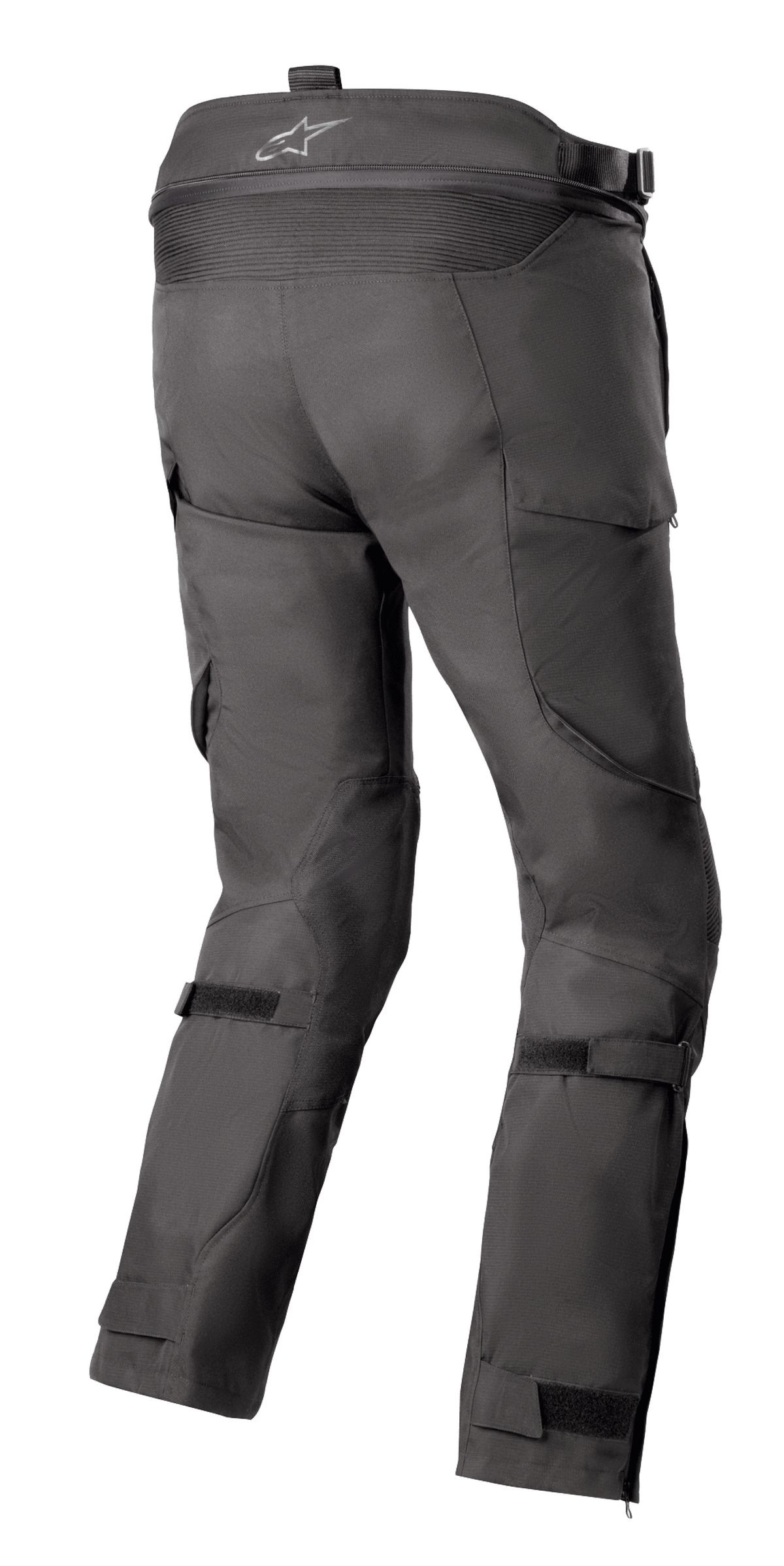 Alpinestars Bogota' Pro Drystar® 4 Seasons Hose, Schwarz, Rückansicht einer Adventure-Touring-Motorradhose mit Logo am Bund, Akkordeon-Stretcheinsätzen und verstellbaren Beinriemen