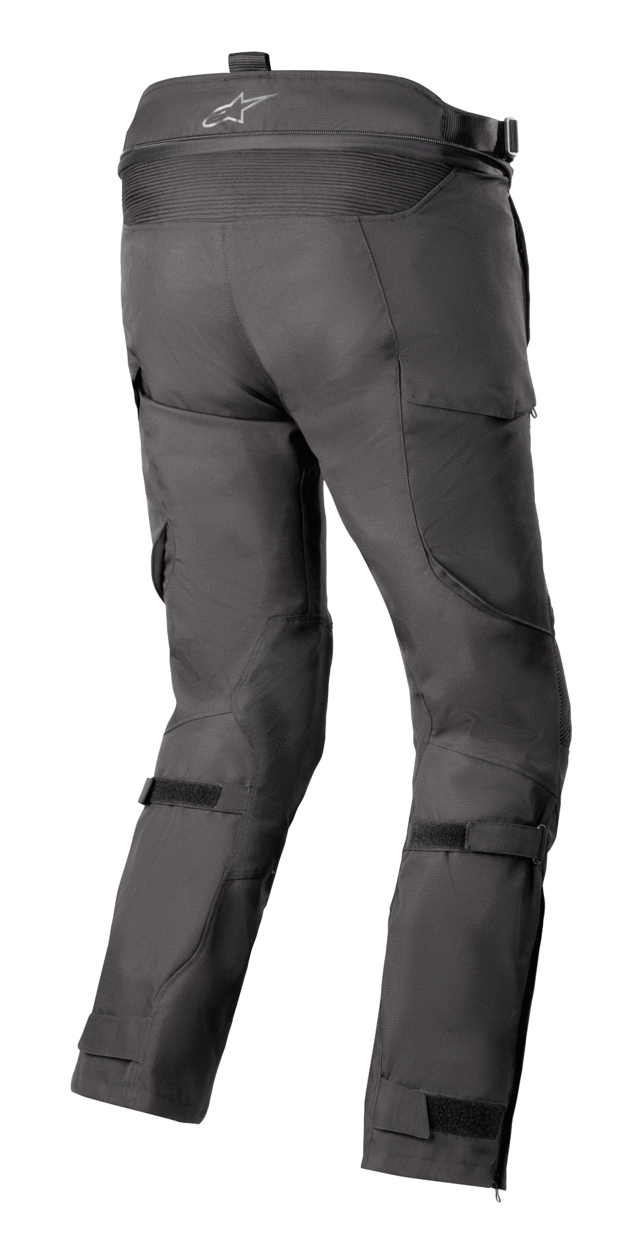 Alpinestars Bogota' Pro Drystar® 4 Seasons broek, zwart, achteraanzicht van adventure touring motorbroek met logo op de tailleband, harmonica-stretchpanelen en verstelbare beenbanden