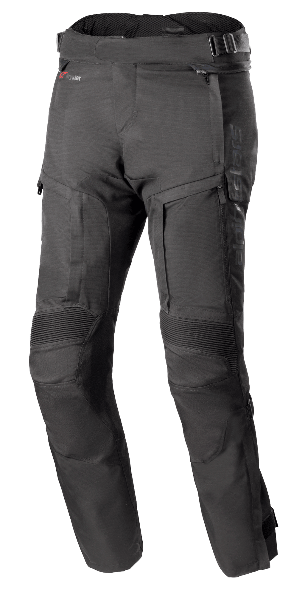 Alpinestars Bogota Pro Drystar 4 Seasons motorbroek, zwarte touring motorbroek, reguliere pasvorm, versterkte kniezones met geribbelde bescherming, verstelbare taillebanden met gespen, Drystar waterdichte technologie, meerdere zakken en ventilatieritsen