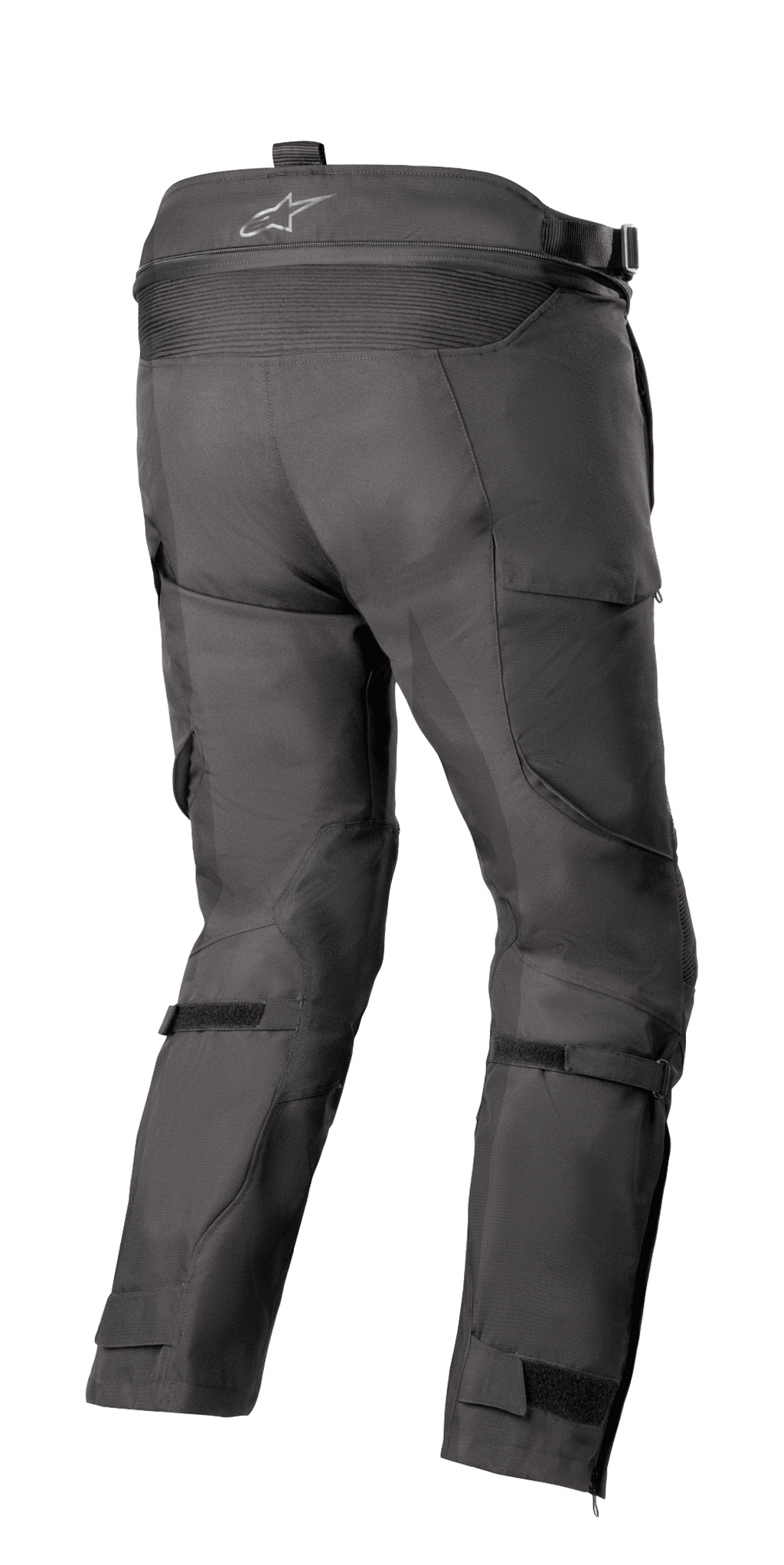 Alpinestars Bogotá Pro Drystar® 4 Saisons - Court, pantalon de moto de touring d'aventure, noir, vue arrière montrant la taille haute avec logo, panneau extensible en accordéon, sangles de réglage aux mollets et construction textile technique.