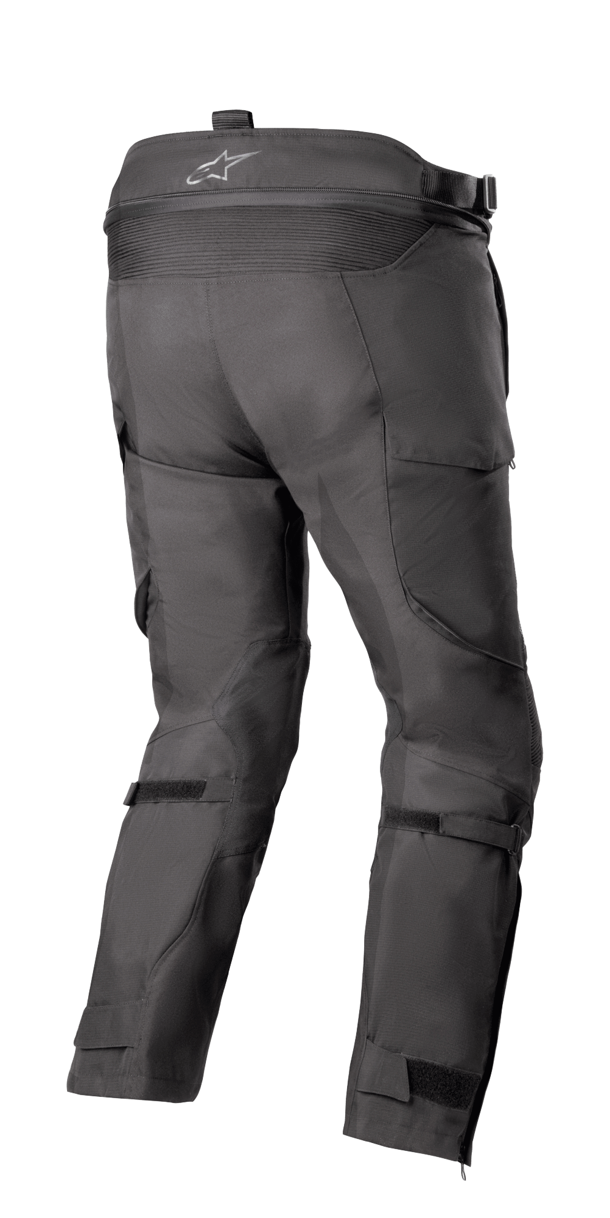 Alpinestars Bogotá Pro Drystar® 4 Saisons - Court, pantalon de moto de touring d'aventure, noir, vue arrière montrant la taille haute avec logo, panneau extensible en accordéon, sangles de réglage aux mollets et construction textile technique.