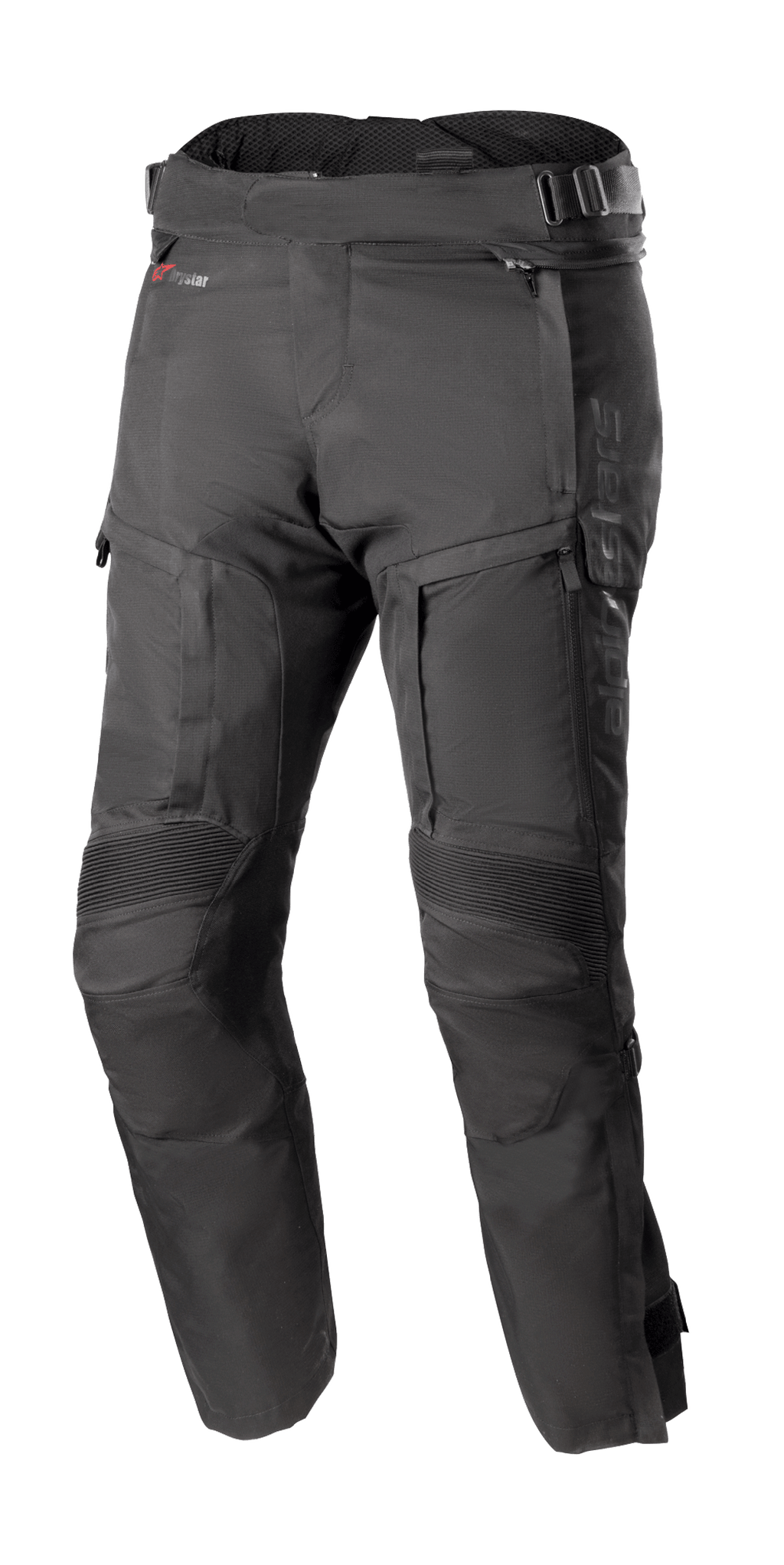 Alpinestars Bogota Pro Drystar 4 Seasons Pants Short, pantalon de moto touring noir, imperméable et respirant, panneaux de genoux en accordéon renforcés, sangles de taille réglables, ventilations et poches zippées, tissu Ripstop durable, protection toutes saisons