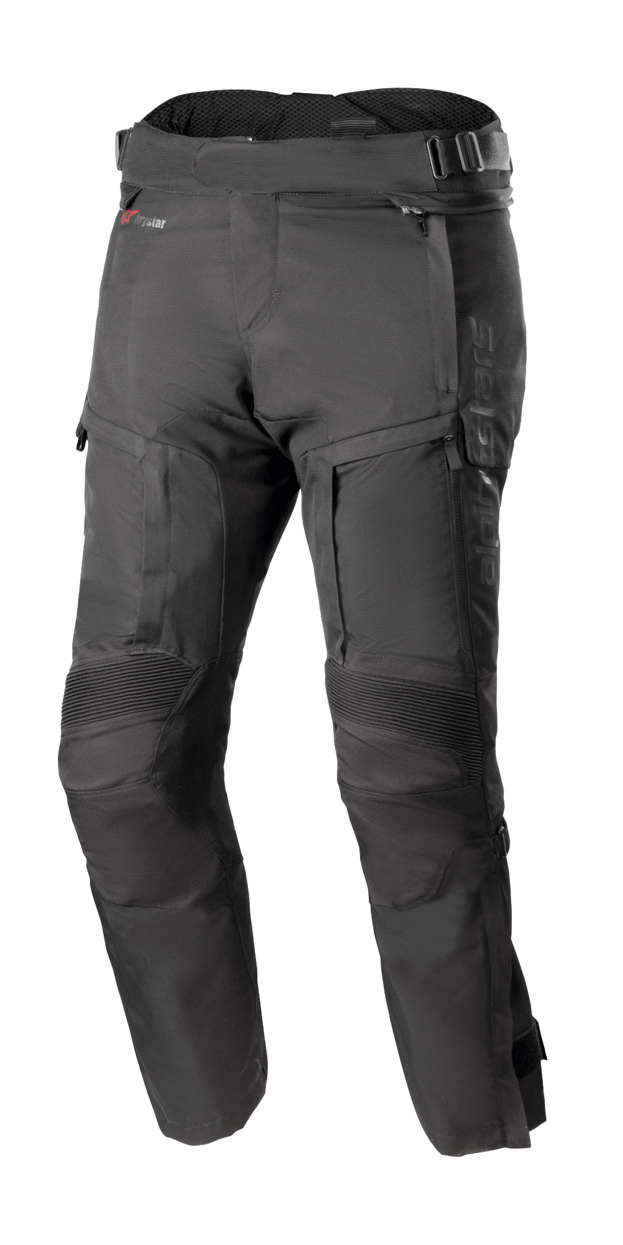 Alpinestars Bogota Pro Drystar 4 Seasons Pants Short, pantalon de moto touring noir, imperméable et respirant, panneaux de genoux en accordéon renforcés, sangles de taille réglables, ventilations et poches zippées, tissu Ripstop durable, protection toutes saisons