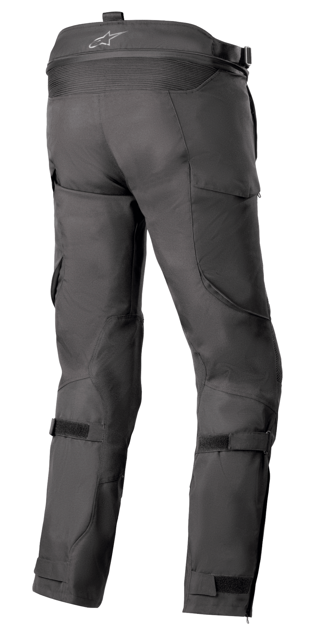 Alpinestars Bogota' Pro Drystar® 4 Seasons Hose - Lang, schwarze Textil-Motorradhose, Rückansicht mit Fokus auf verstellbare Taillen- und Wadenriemen, ergonomische Passform für Adventure-Riding
