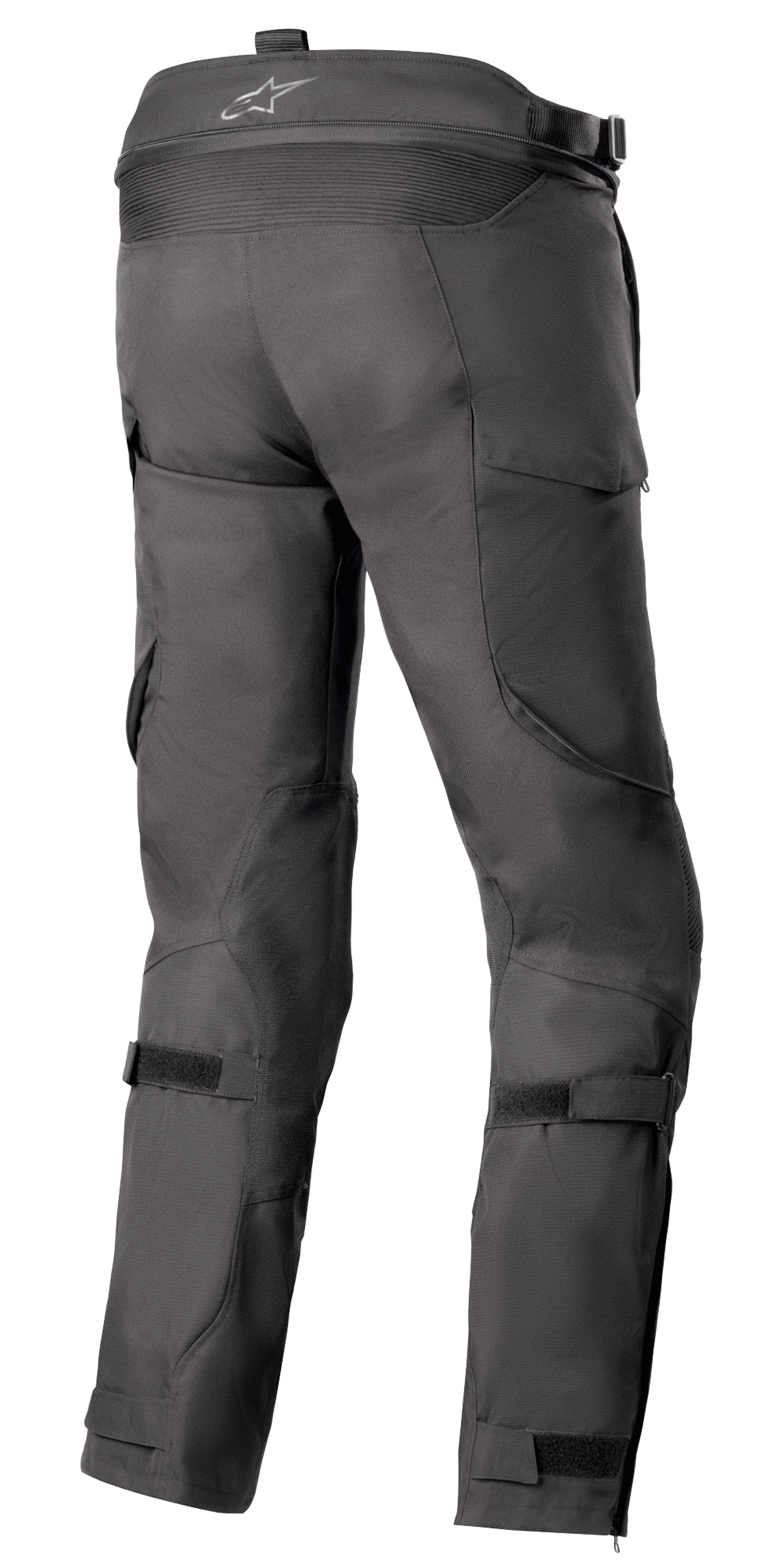 Alpinestars Bogota' Pro Drystar® 4 Seasons Hose - Lang, schwarze Textil-Motorradhose, Rückansicht mit Fokus auf verstellbare Taillen- und Wadenriemen, ergonomische Passform für Adventure-Riding