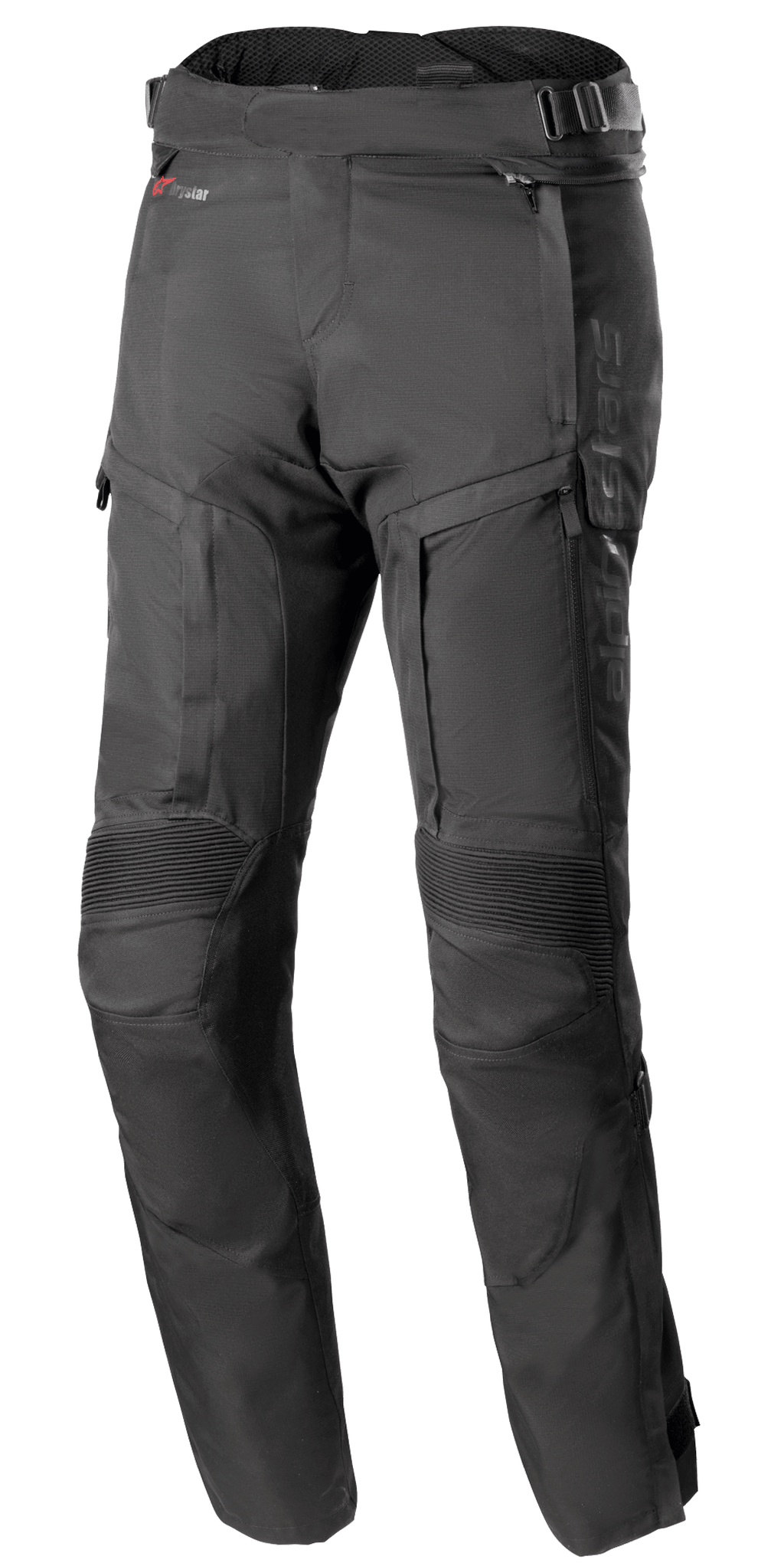 Alpinestars Bogota Pro Drystar 4 Seasons Hose - Lang, Schwarze Adventure-Motorrad-Tourenhose, gerippte Stretcheinsätze an den Knien, Belüftungseinsätze mit Reißverschluss an den Oberschenkeln, verstellbare Taillengurte mit Schnallen, robuste technische Textilkonstruktion für Allwetterschutz