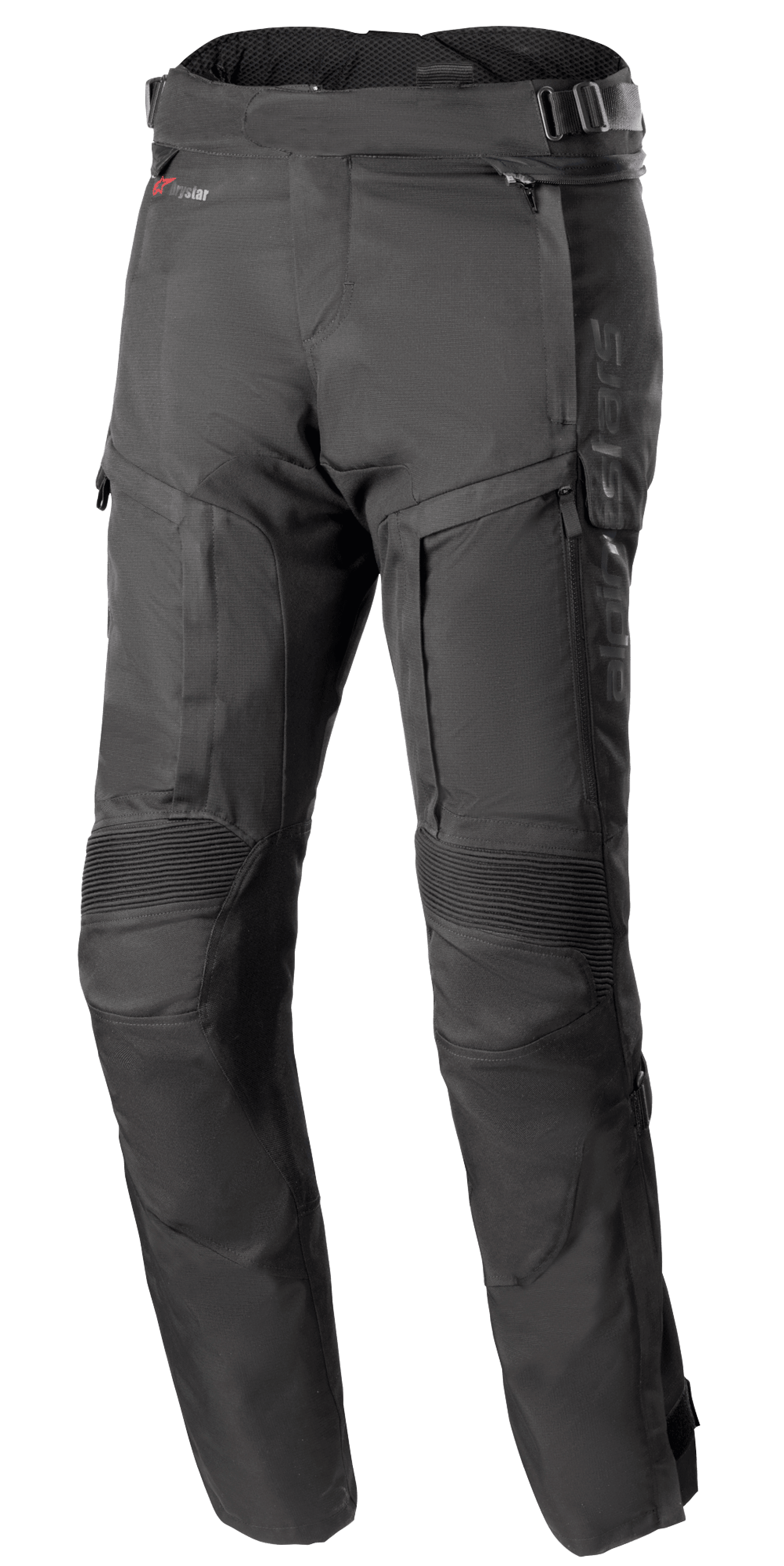 Alpinestars Bogota Pro Drystar 4 Seasons Hose - Lang, Schwarze Adventure-Motorrad-Tourenhose, gerippte Stretcheinsätze an den Knien, Belüftungseinsätze mit Reißverschluss an den Oberschenkeln, verstellbare Taillengurte mit Schnallen, robuste technische Textilkonstruktion für Allwetterschutz