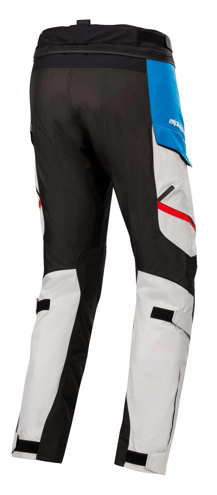 Alpinestars Honda Andes V3 Drystar® Pants, Textile Motorcycle Pants, Ice Gray with Blue and Bright Red accents, rear view showing black reinforced panels, adjustable calf straps, and waist connection zipper.