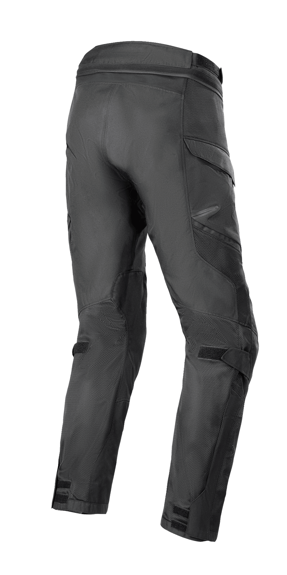 Alpinestars Andes Air Drystar® broek, motorbroek, zwart, achteraanzicht met uitgebreide mesh-panelen voor luchtstroom, cargozakken en verstelbare klittenbandsluitingen bij de kuiten en enkels, duurzame textielconstructie voor adventure touring