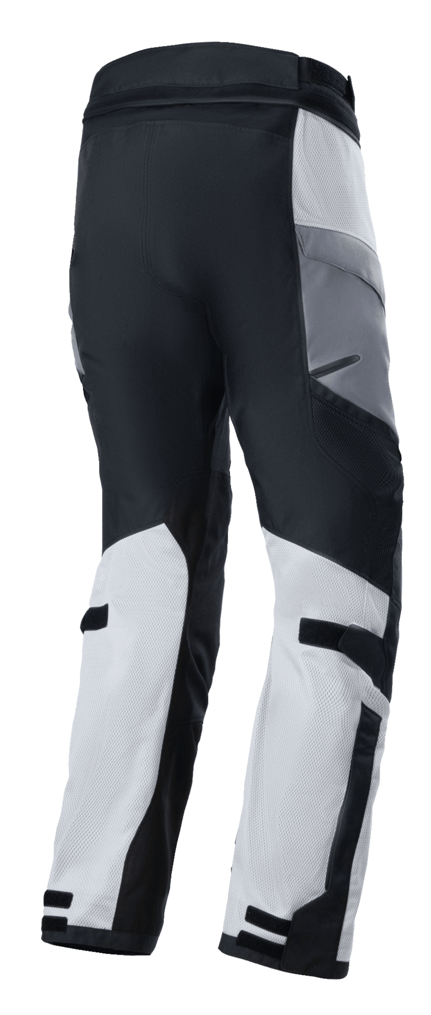Alpinestars Andes Air Drystar® Hose, Adventure-Touring-Motorradhose, Ice Gray, Dark Gray und Black, Rückansicht mit atmungsaktiven Mesh-Einsätzen für Luftzirkulation und verstellbaren Riemen an den Waden, technisches Textildesign für das Fahren in zwei Jahreszeiten.