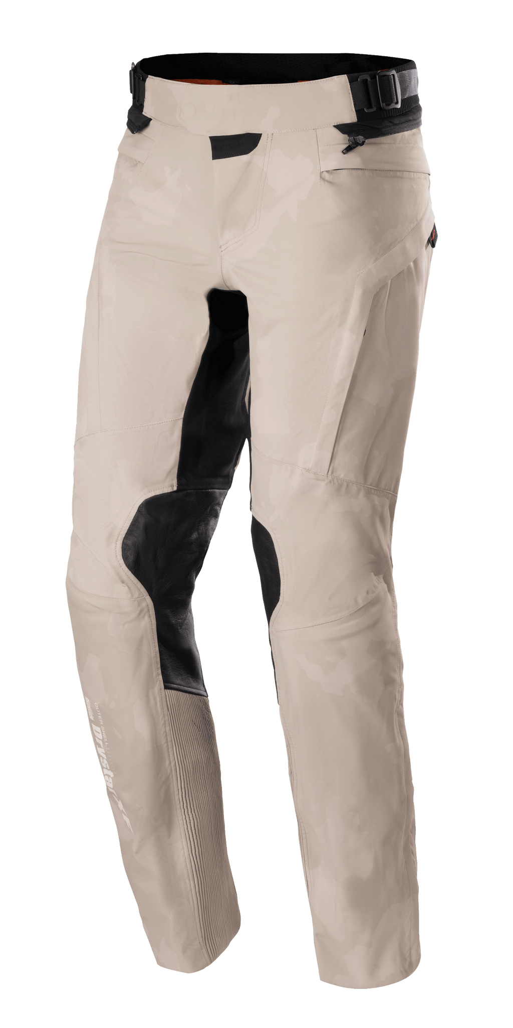 Alpinestars AMT-10LAB Drystar® XF Pants, adventure motorbroek, Aluminum Camo, lichtgrijs camouflagepatroon met zwarte versterkte panelen op de knieën en binnenkant van de dijen, technische textielconstructie met een verstelbare taille en Drystar-branding op het onderbeen