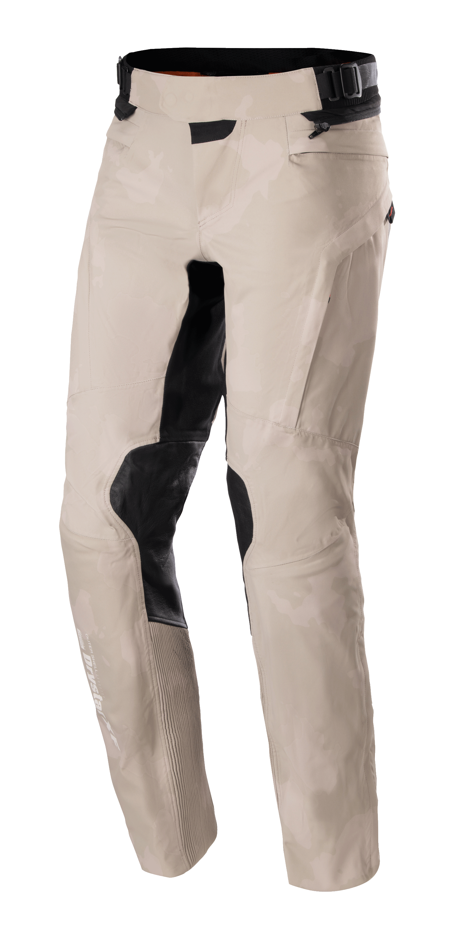 Alpinestars AMT-10LAB Drystar® XF Pants, Adventure Motorcycle Pants, Aluminum Camo, light gray camouflage pattern with black reinforced panels on the knees and inner thighs, technical textile construction featuring an adjustable waist and Drystar branding on the lower leg