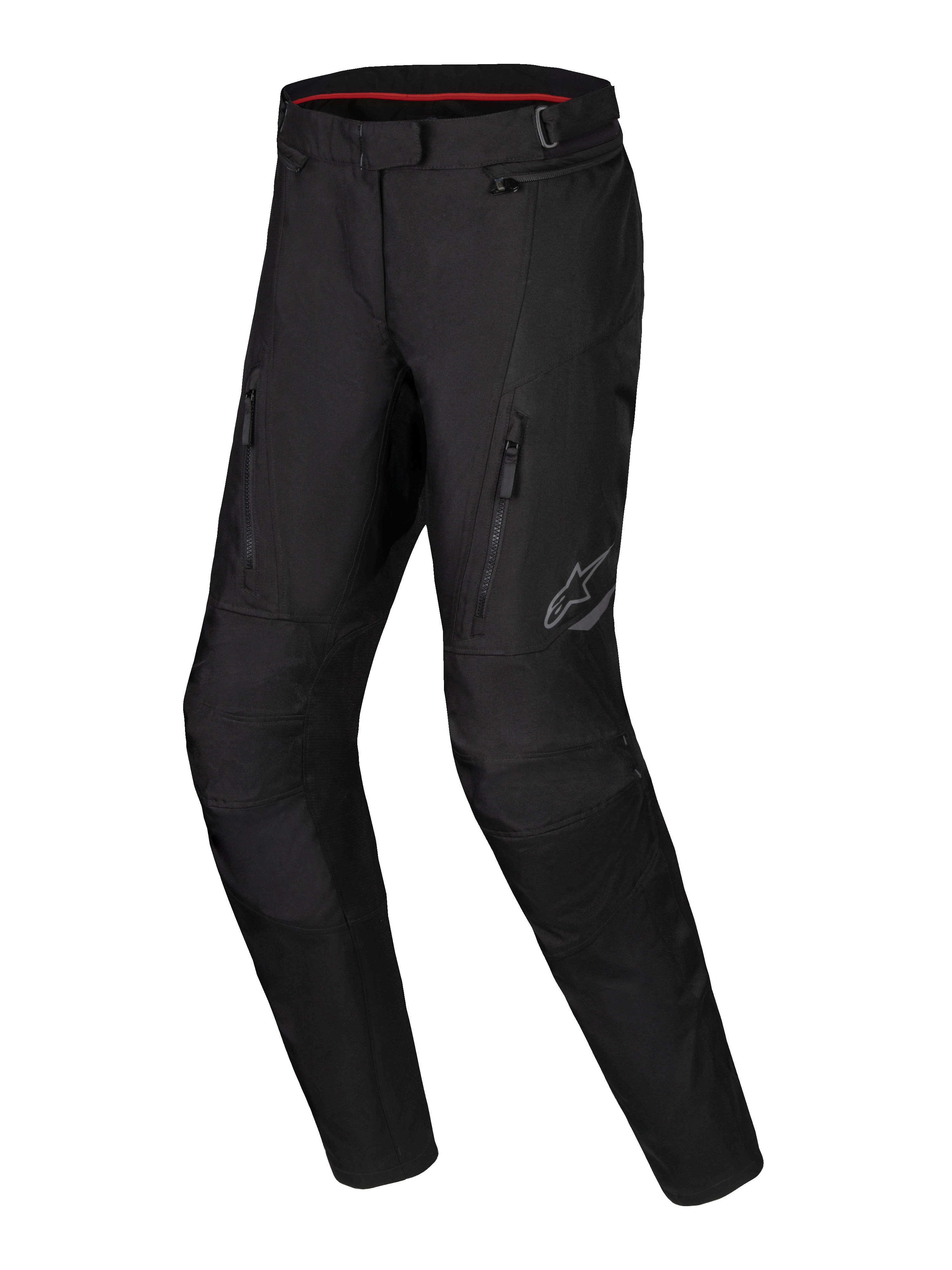 Alpinestars Stella ST-1 Waterproof Pants, pantalon de moto touring aventure pour femme, noir, avec poches avant zippées, empiècements renforcés aux genoux et logo Alpinestars réfléchissant sur la cuisse, construction textile imperméable avec jambes préformées