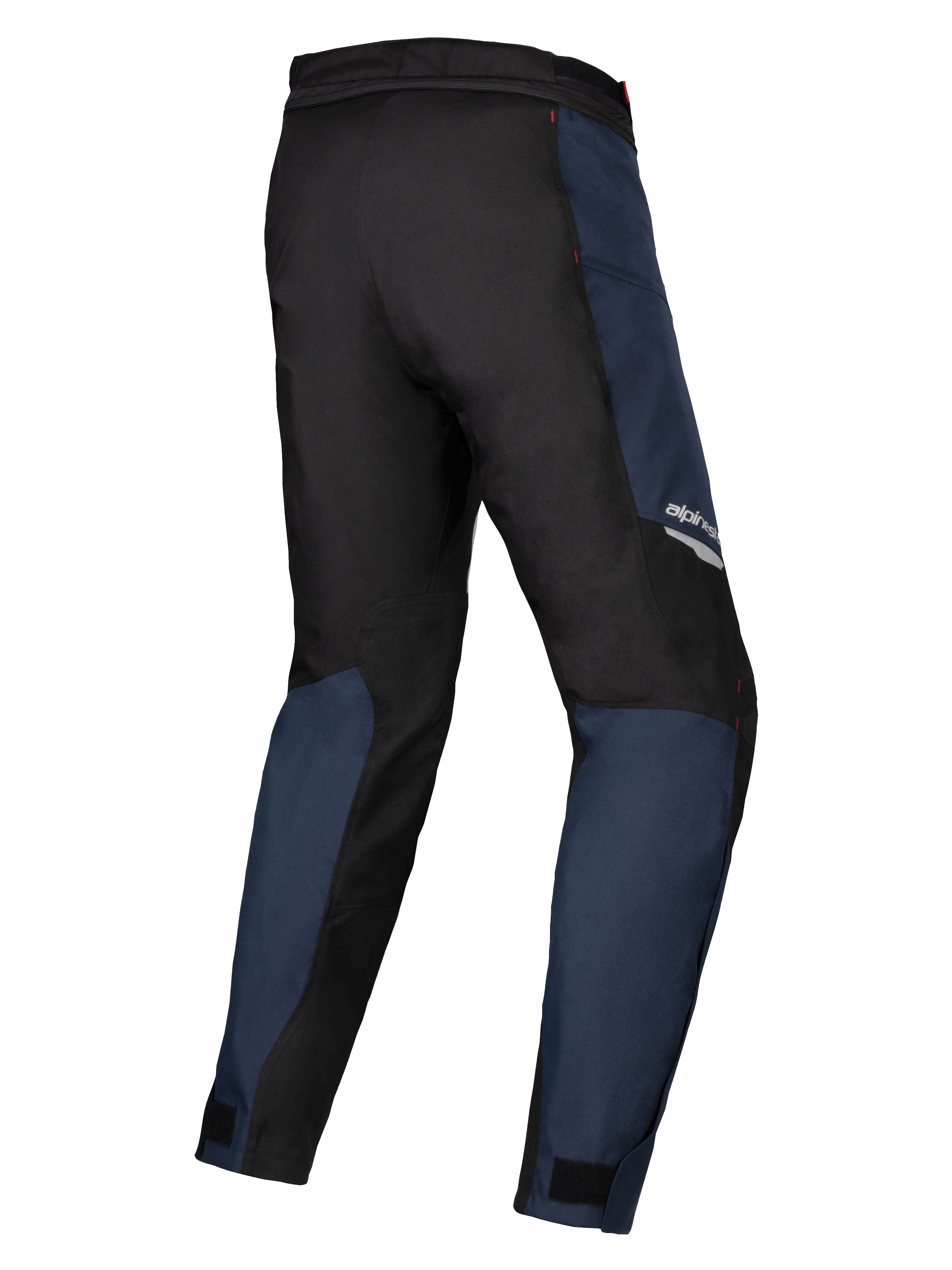 Alpinestars Stella ST-1 Wasserdichte Hose, Textilhose in Dunkelblau und Schwarz mit hellroten Akzenten, Dreiviertel-Rückansicht zur Hervorhebung der strapazierfähigen Konstruktion und ergonomischen Passform für Damen-Adventure-Touring