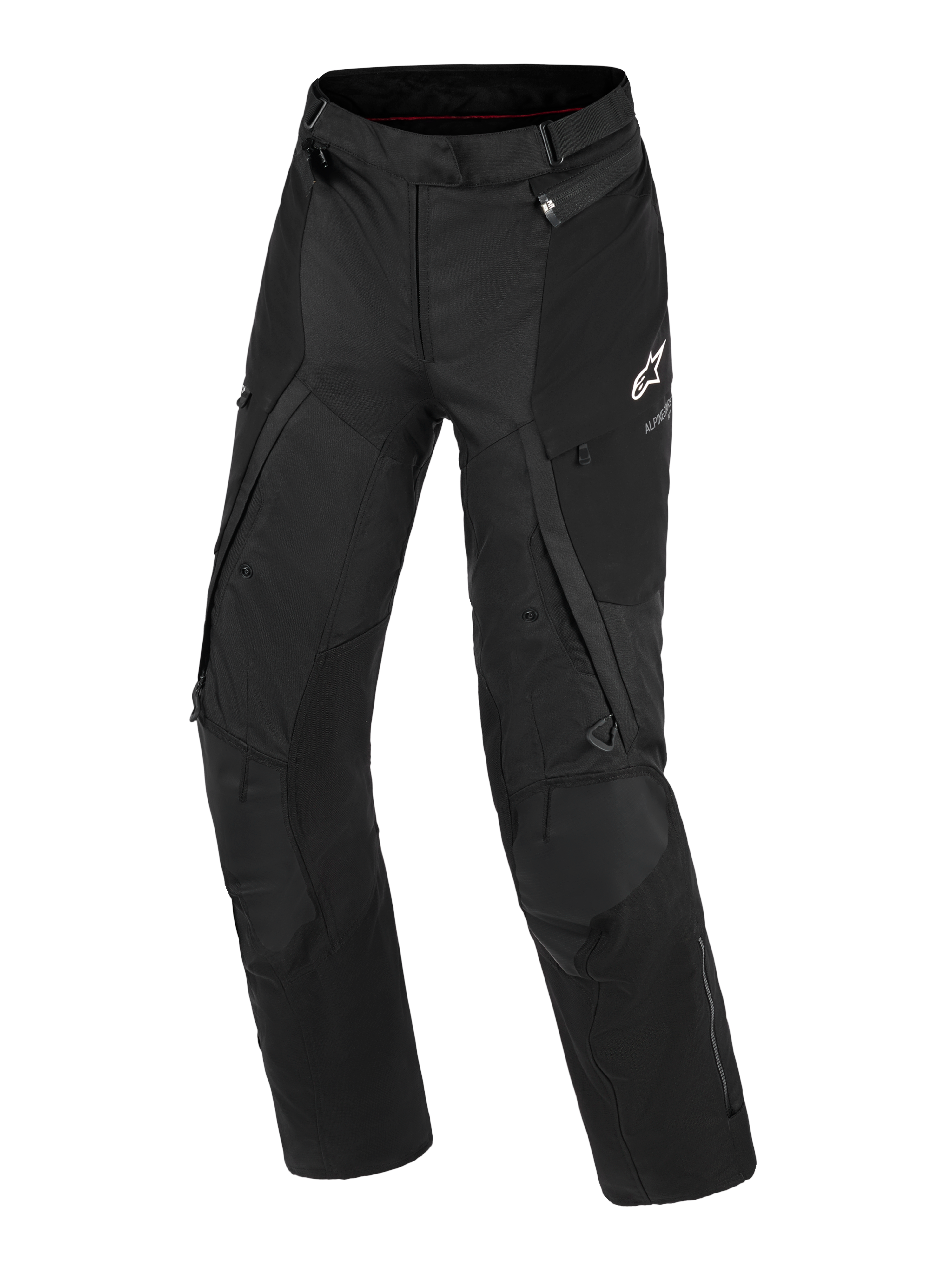 Pantalon Alpinestars Stella Andes V4 Drystar®, pantalon de moto d'aventure pour femme, noir, vue de face montrant la construction en textile technique, logo Alpinestars blanc sur la cuisse gauche, poches cargo et fermetures éclair de ventilation, équipement de conduite durable toutes saisons