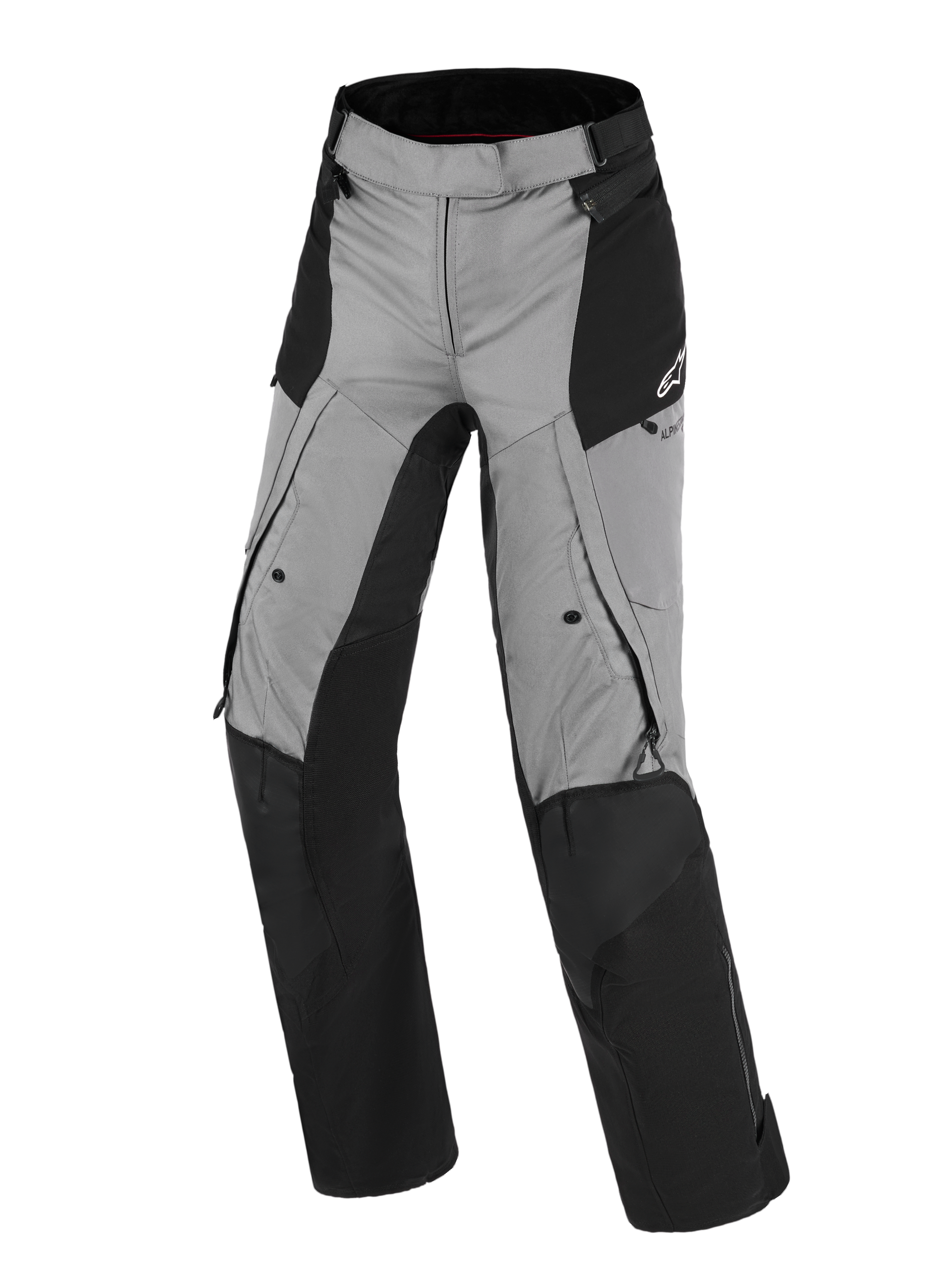 Alpinestars Stella Andes V4 Drystar® Pants, pantalon de moto pour femme, noir et gris foncé, design adventure touring avec textile imperméable, zones renforcées aux genoux et à l'assise, aérations et poches zippées, logo Alpinestars sur la hanche