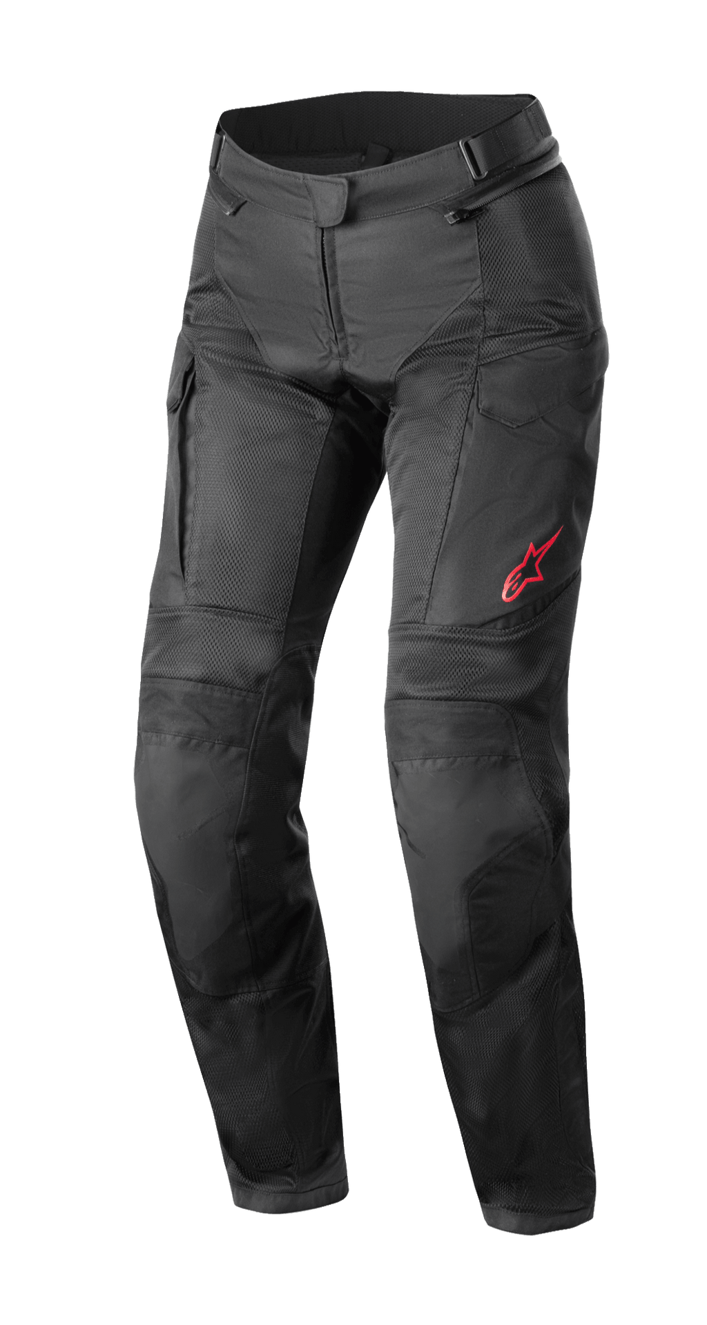 Pantalon Alpinestars Stella Andes Air Drystar®, pantalon de moto touring pour femme, noir, avec de grands panneaux en mesh pour la ventilation, poches cargo et logo Alpinestars rouge sur la cuisse gauche, design en textile technique pour une utilisation multi-saison