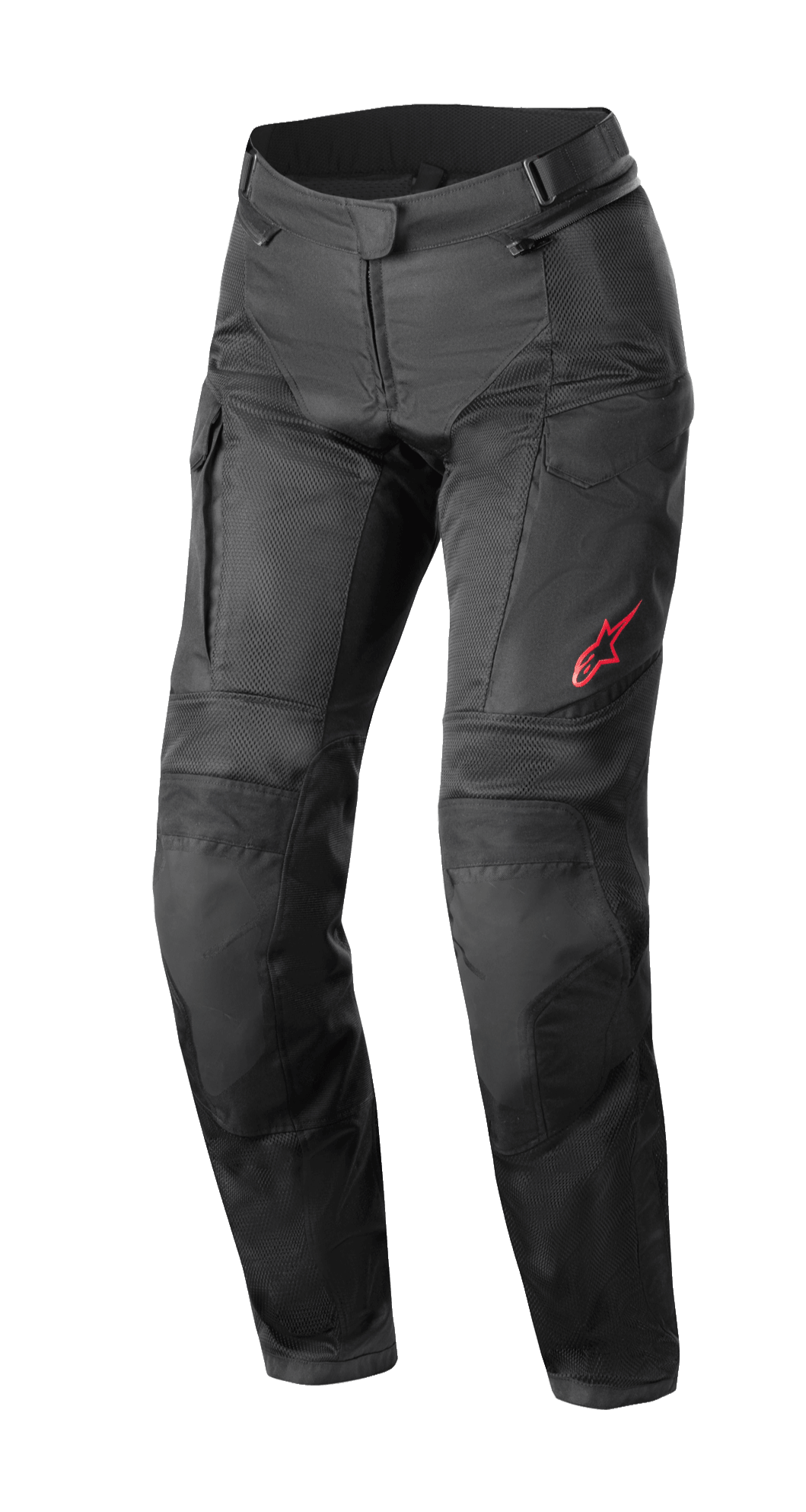 Pantalon Alpinestars Stella Andes Air Drystar®, pantalon de moto touring pour femme, noir, avec de grands panneaux en mesh pour la ventilation, poches cargo et logo Alpinestars rouge sur la cuisse gauche, design en textile technique pour une utilisation multi-saison