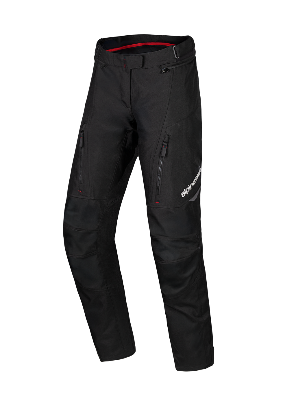 Pantalon imperméable Alpinestars Honda Stella ST-1, pantalon de moto touring pour femme noir, doublure intérieure de la taille rouge, deux poches verticales zippées sur les cuisses, logo Alpinestars sur la jambe, équipement d'aventure en textile durable