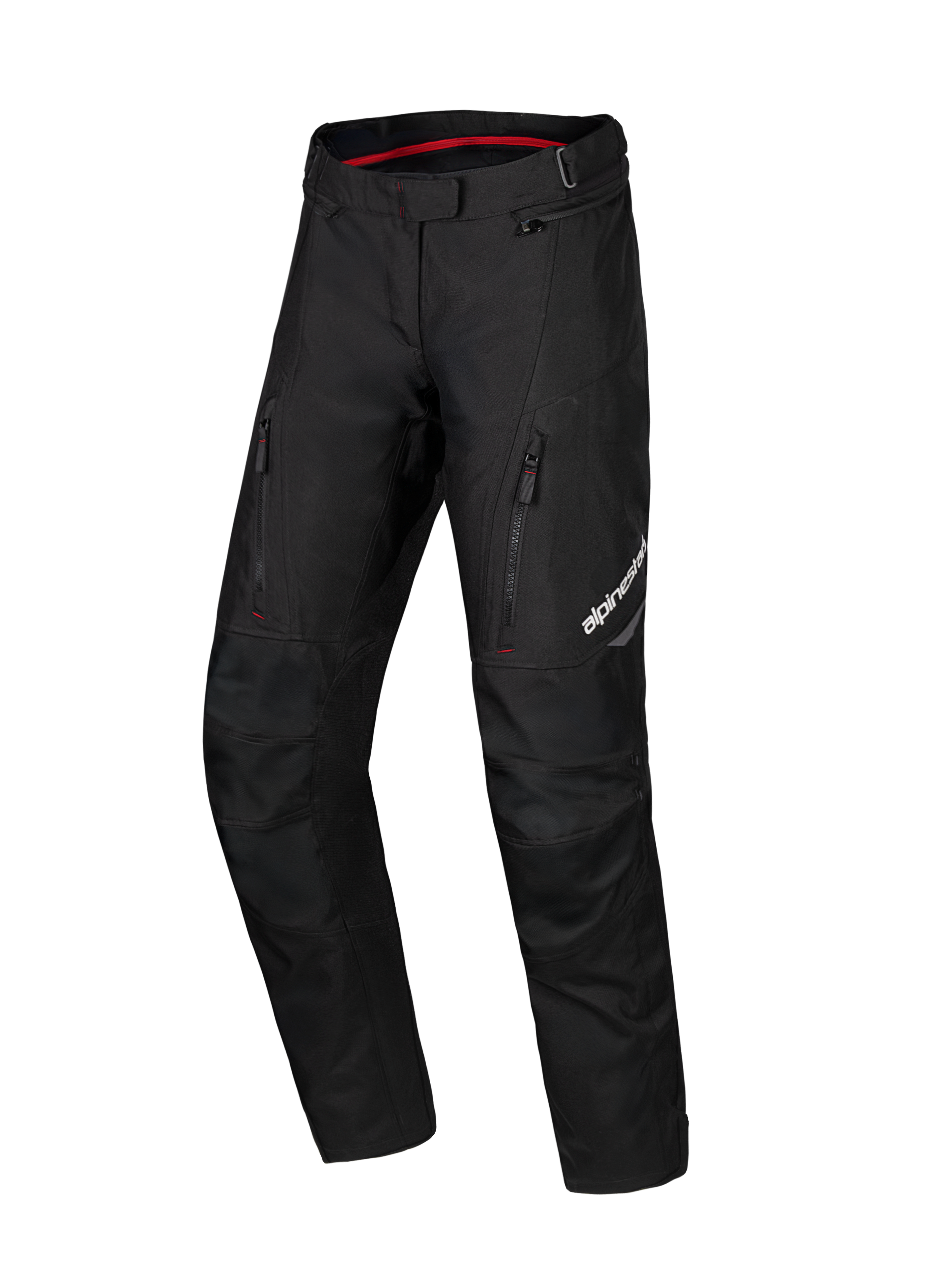 Alpinestars Honda Stella ST-1 waterdichte motorbroek, zwarte dames motorbroek voor touring, rode binnenvoering van de tailleband, twee verticale ritszakken op de dijen, Alpinestars-logo op het been, duurzame textieluitrusting voor adventure