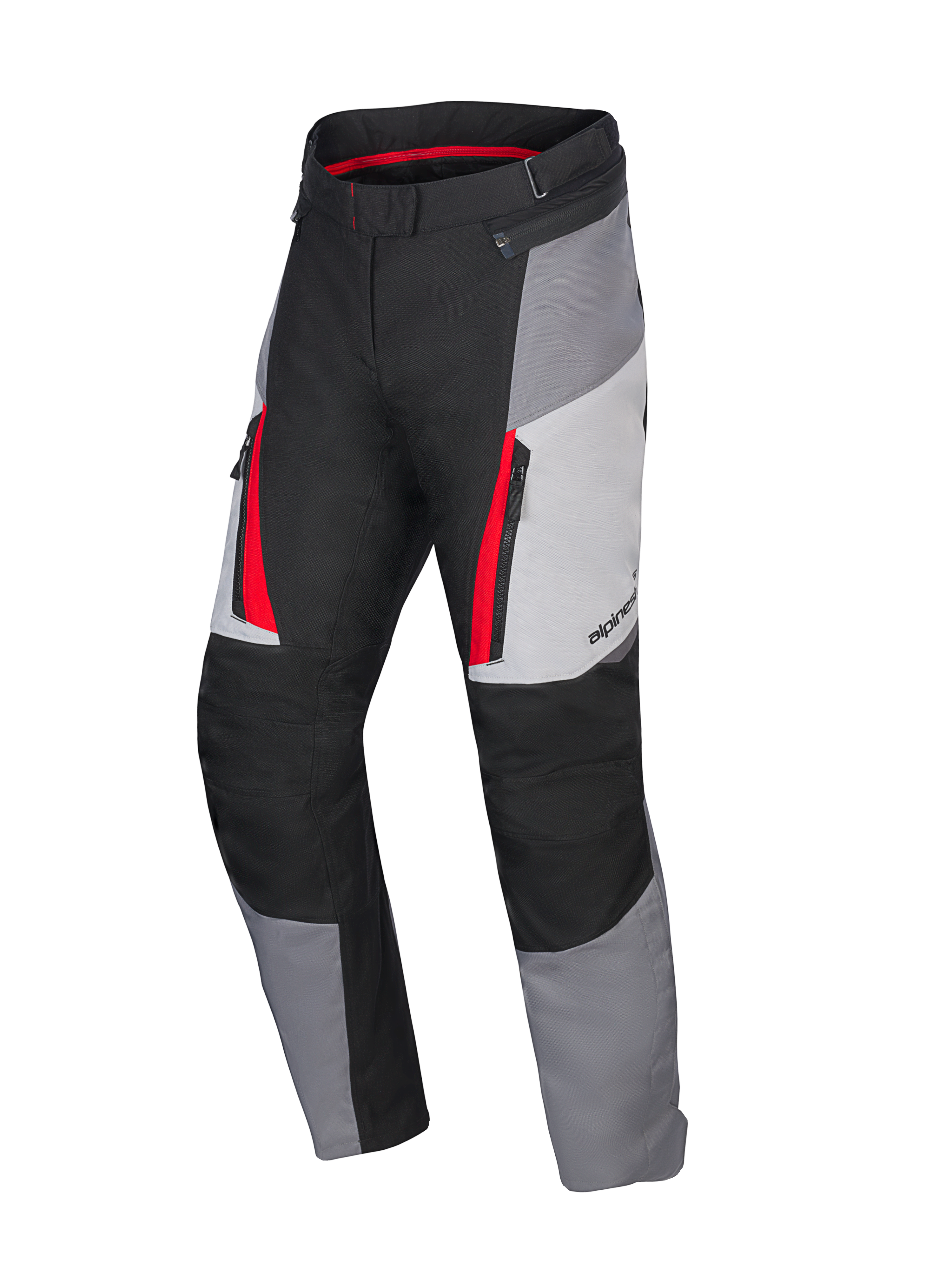 Alpinestars Honda Stella ST-1 waterdichte motorbroek voor dames, motor touringbroek, Ice Gray, Dark Gray en zwart met rode accenten, voorzien van cargozakken met ritssluiting, ergonomische textielconstructie en verstelbare taille.