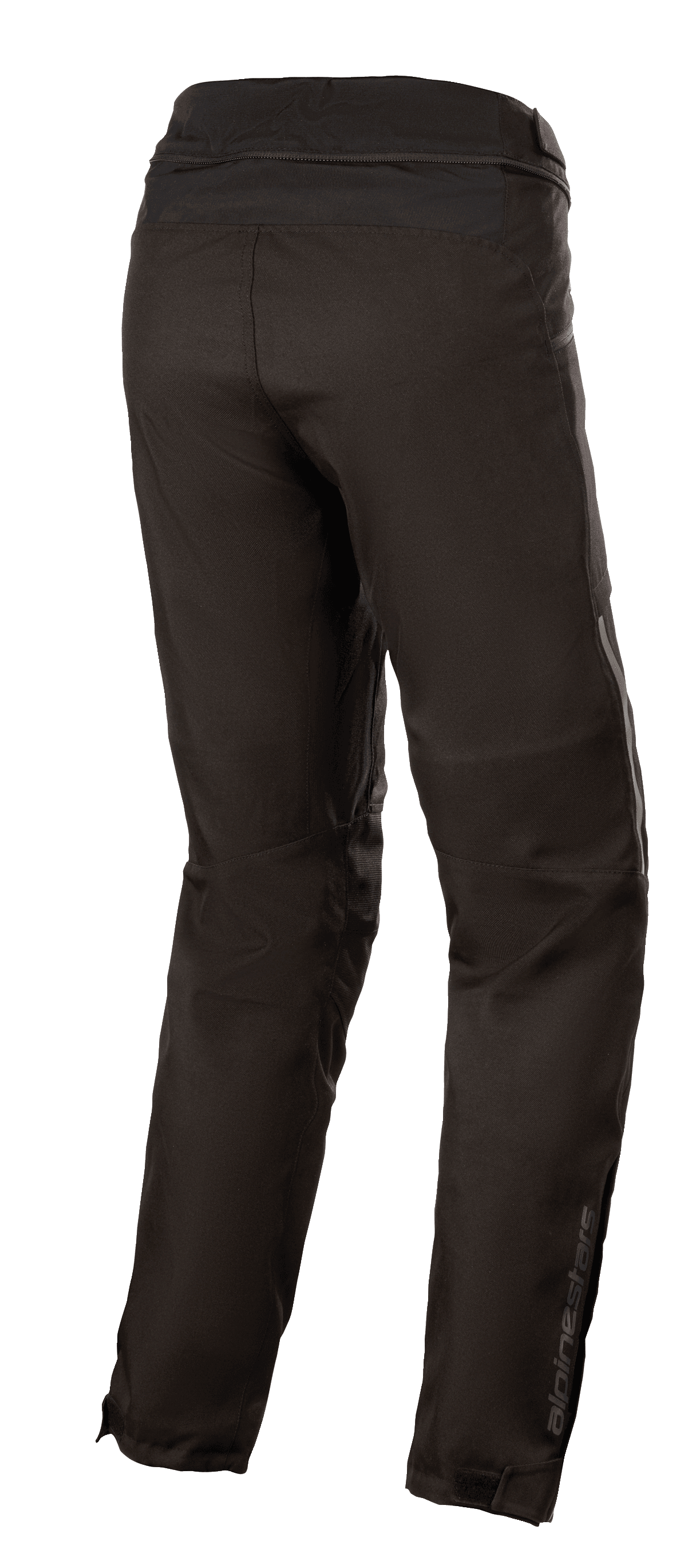 Alpinestars Stella AST-1 V2 Wasserdichte Hose, Damen-Textil-Motorradhose, Schwarz, Dreiviertel-Rückansicht zeigt Taillen-Verbindungsreißverschluss, vorgeformte Beine und reflektierendes Alpinestars-Logo an der unteren Wade
