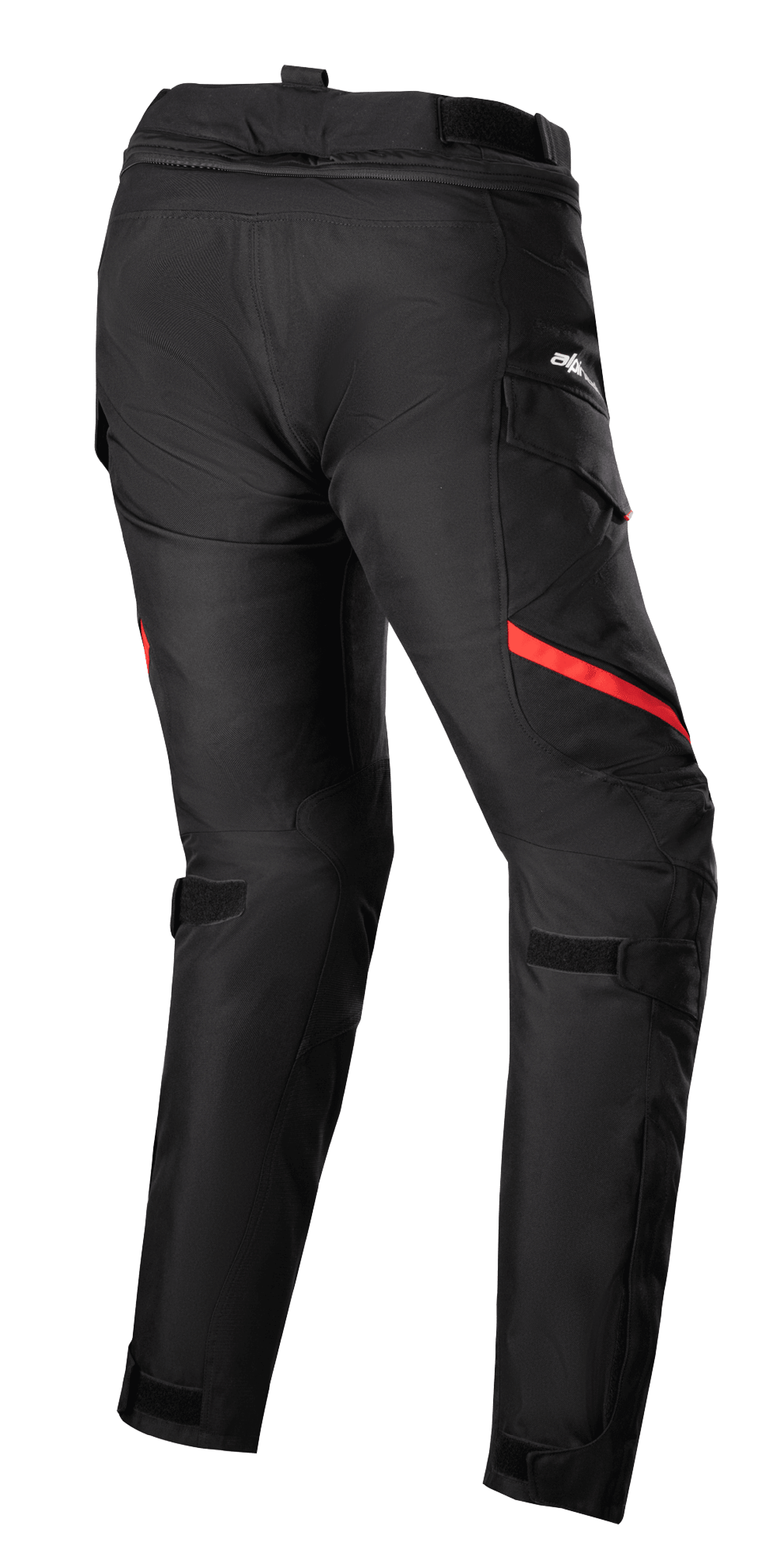 Pantalon Alpinestars Stella Honda Andes V3 Drystar® pour femme, pantalon de touring moto, noir et rouge vif, vue de dos avec poches cargo, sangles de réglage à la taille et aux genoux, construction en textile robuste pour toutes saisons