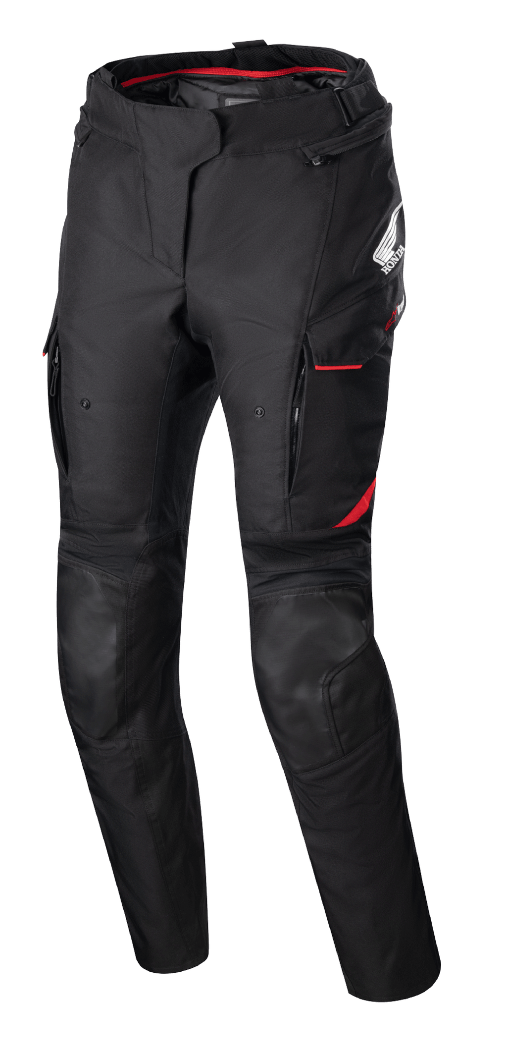 Pantalon femme Stella Honda Andes V3 Drystar®, pantalon de moto en textile, noir avec des accents rouge vif, logos Honda et Alpinestars, poches cargo avec liseré rouge, empiècements renforcés aux genoux, sangle de réglage à la taille et doublure intérieure rouge à la taille
