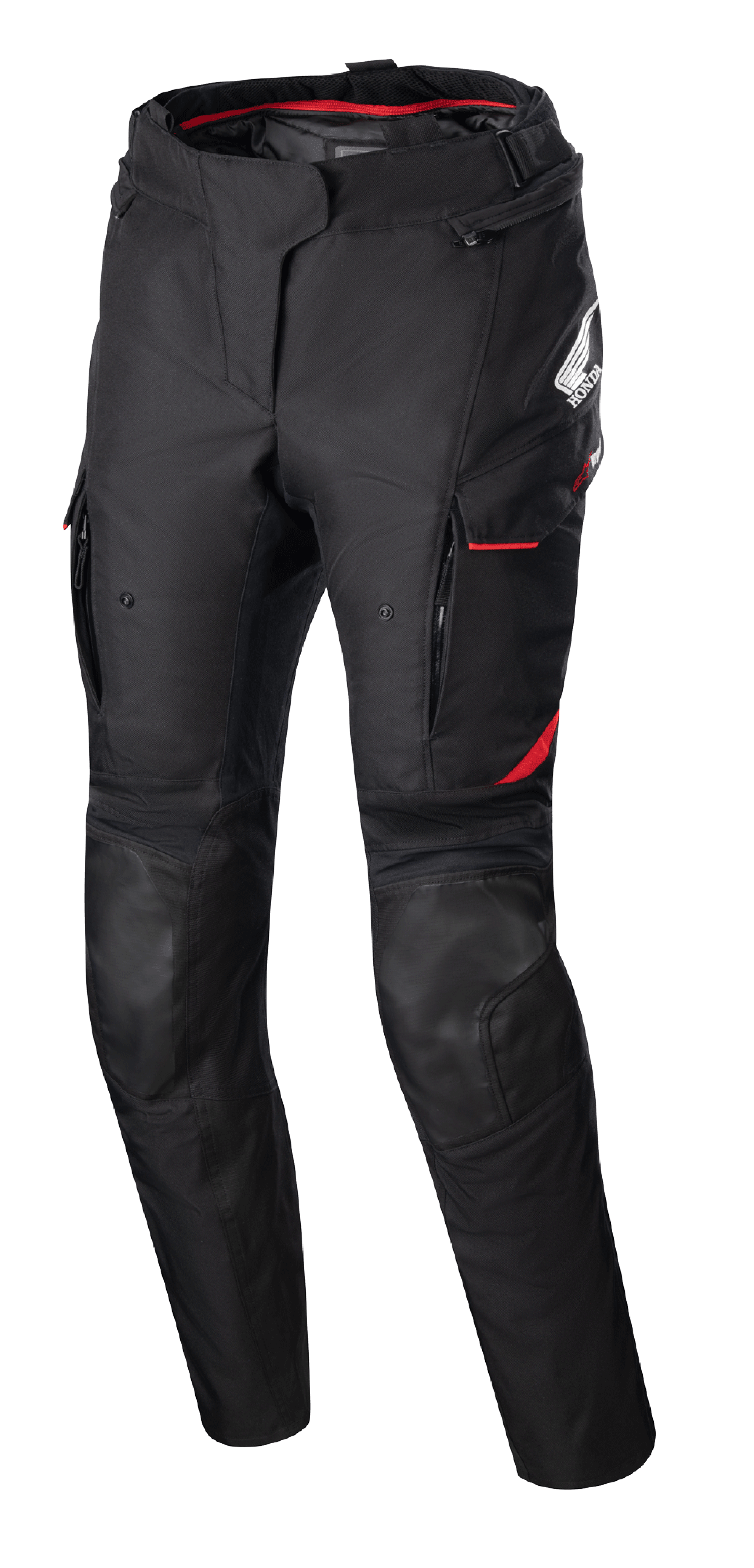 Pantalon femme Stella Honda Andes V3 Drystar®, pantalon de moto en textile, noir avec des accents rouge vif, logos Honda et Alpinestars, poches cargo avec liseré rouge, empiècements renforcés aux genoux, sangle de réglage à la taille et doublure intérieure rouge à la taille