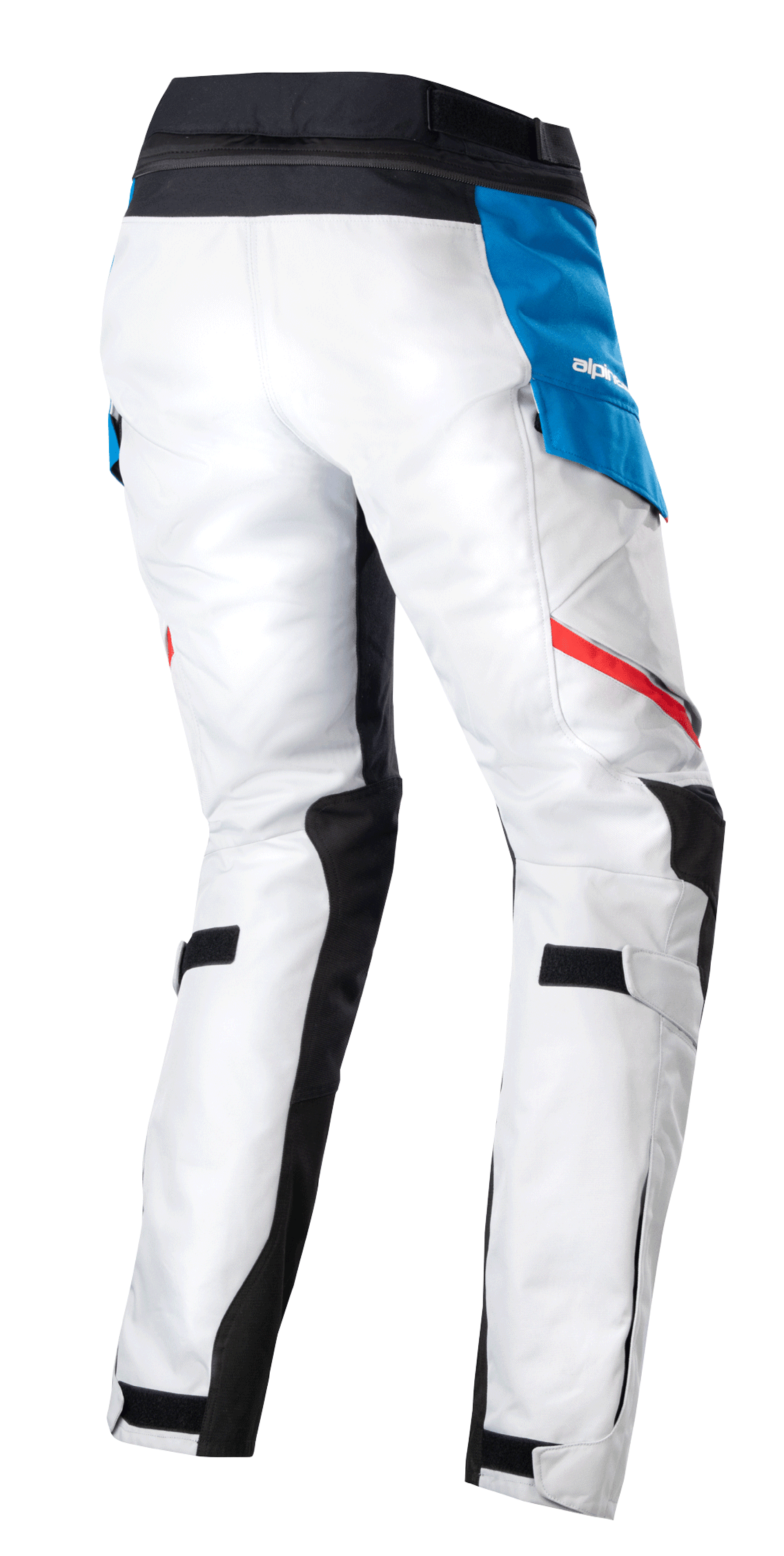 Alpinestars Stella Honda Andes V3 Drystar® damesbroek, adventure touring motorbroek, Ice Gray Blue Bright Red, achteraanzicht met ijsgrijze textielconstructie, blauwe zijzak met wit logo, zwarte tailleband en rode accentstrepen