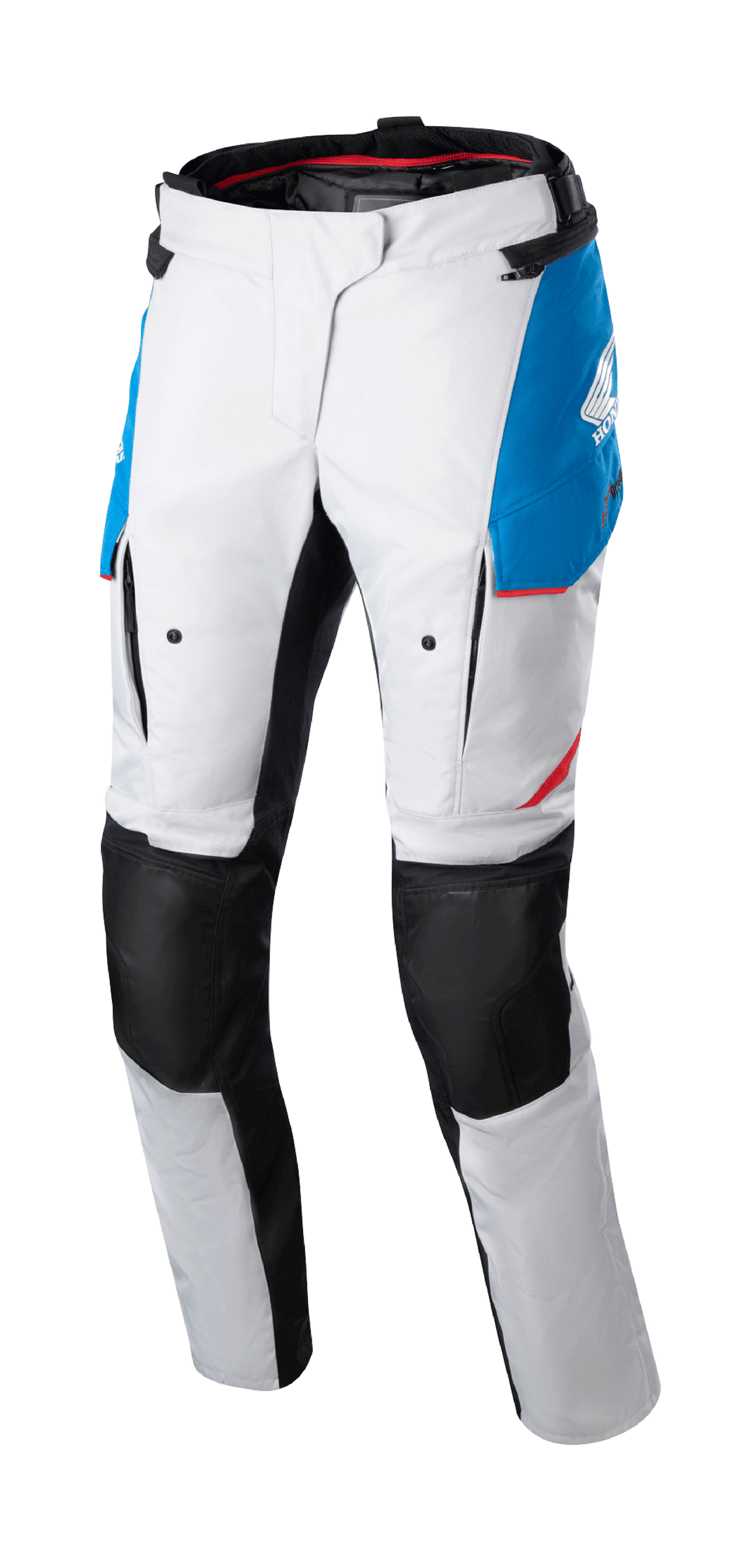 Alpinestars Stella Honda Andes V3 Drystar Damen-Hose, Motorrad-Tourenhose, Eisgrau mit blauen und leuchtend roten Akzenten, schwarze verstärkte Knieeinsätze, Cargo-Taschen und Honda-Branding, wasserdichtes Adventure-Riding-Design