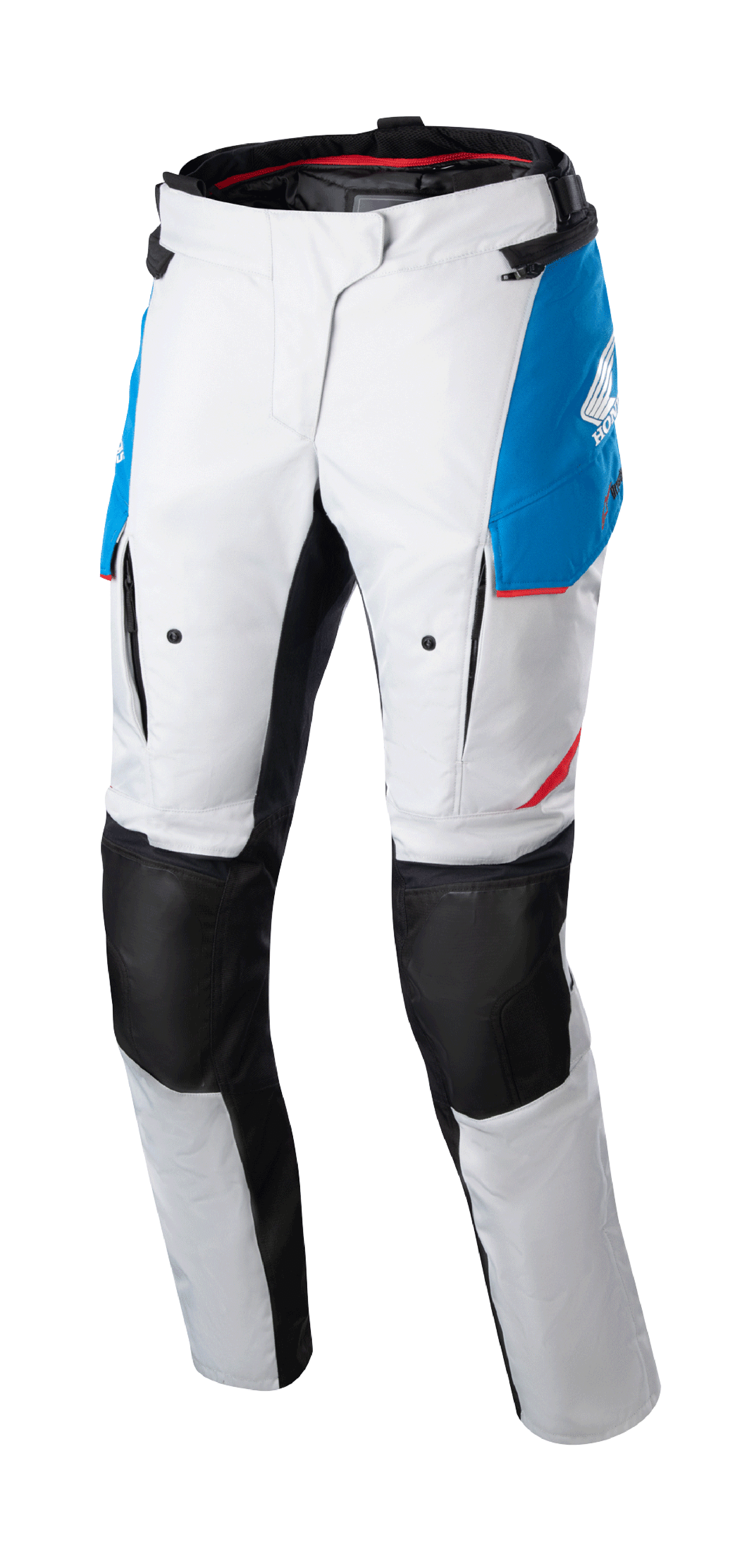 Alpinestars Stella Honda Andes V3 Drystar dames motorbroek, touringbroek, ijsgrijs met blauwe en felrode accenten, zwarte versterkte kniepanelen, voorzien van cargo-zakken en Honda-branding, waterdicht adventure-ontwerp