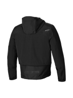 Alpinestars Mootant Wasserdicht Parka, Herren-Motorradjacke in Schwarz, Rückansicht mit Kapuze, verlängerter Rückenpartie und reflektierendem MO.ST.EQ. Schriftzug