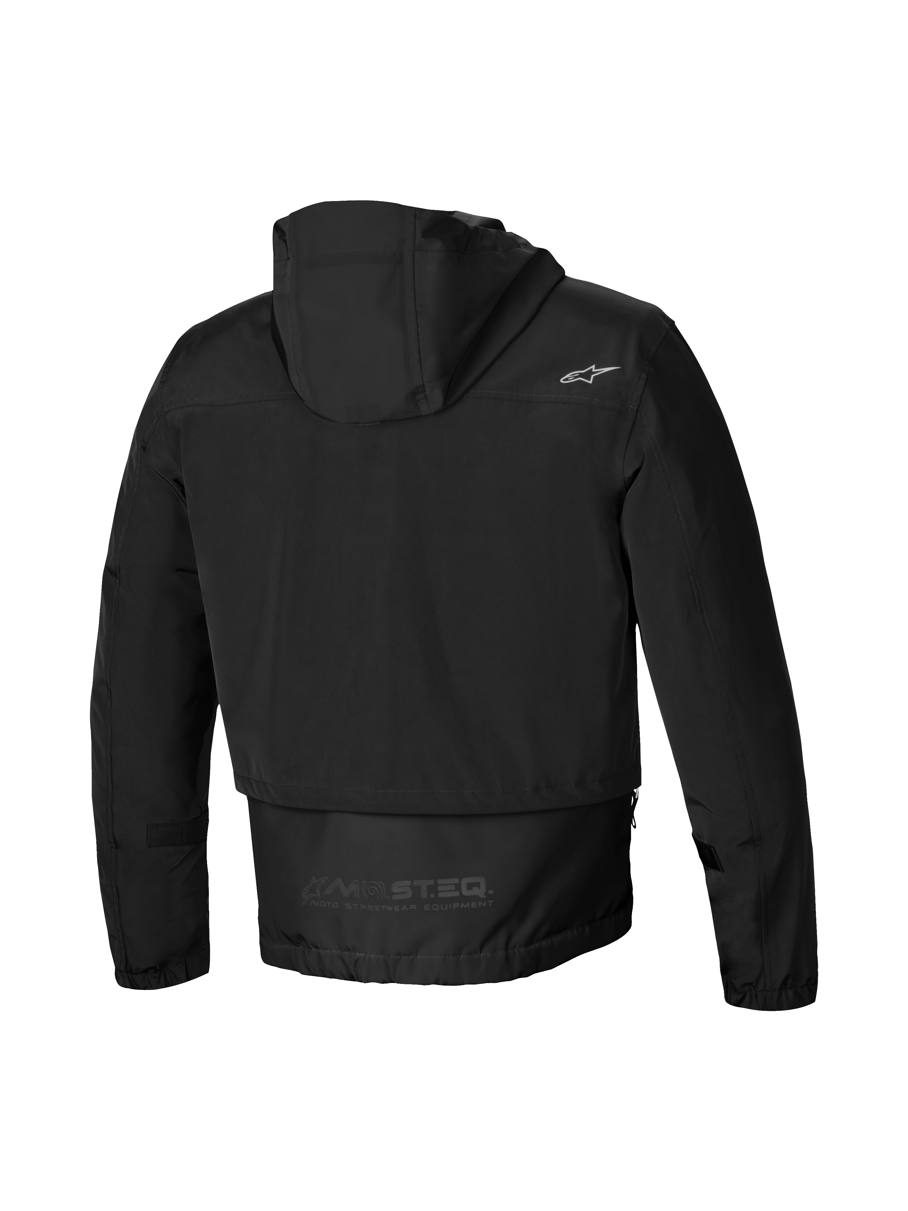 Alpinestars Mootant Wasserdicht Parka, Herren-Motorradjacke in Schwarz, Rückansicht mit Kapuze, verlängerter Rückenpartie und reflektierendem MO.ST.EQ. Schriftzug