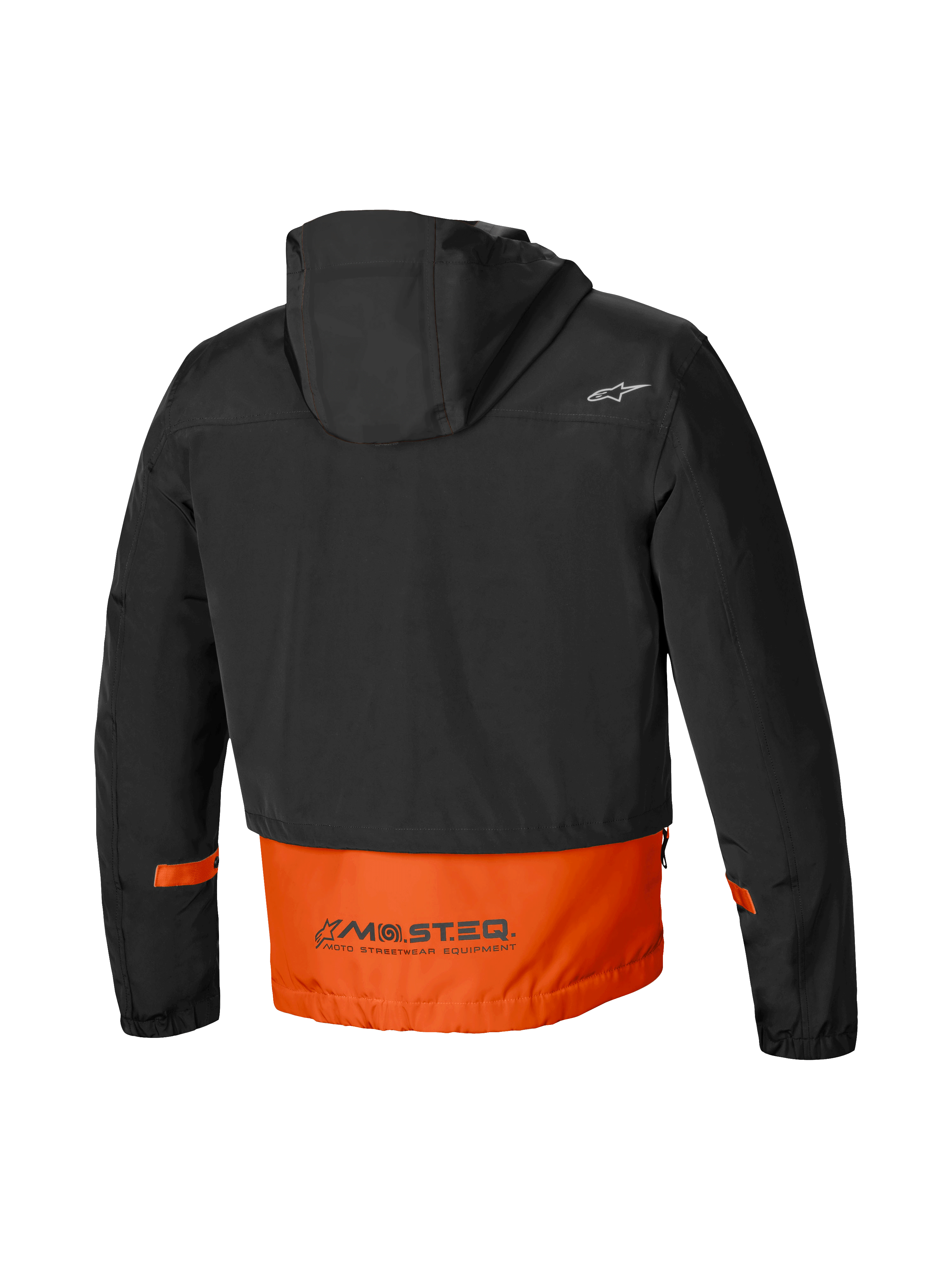 Alpinestars Mootant Wasserdichter Parka, urbane Herren-Motorradjacke, Rückansicht mit angebrachter Kapuze und reflektierendem MO.ST.EQ.-Schriftzug in Schwarz und Orange